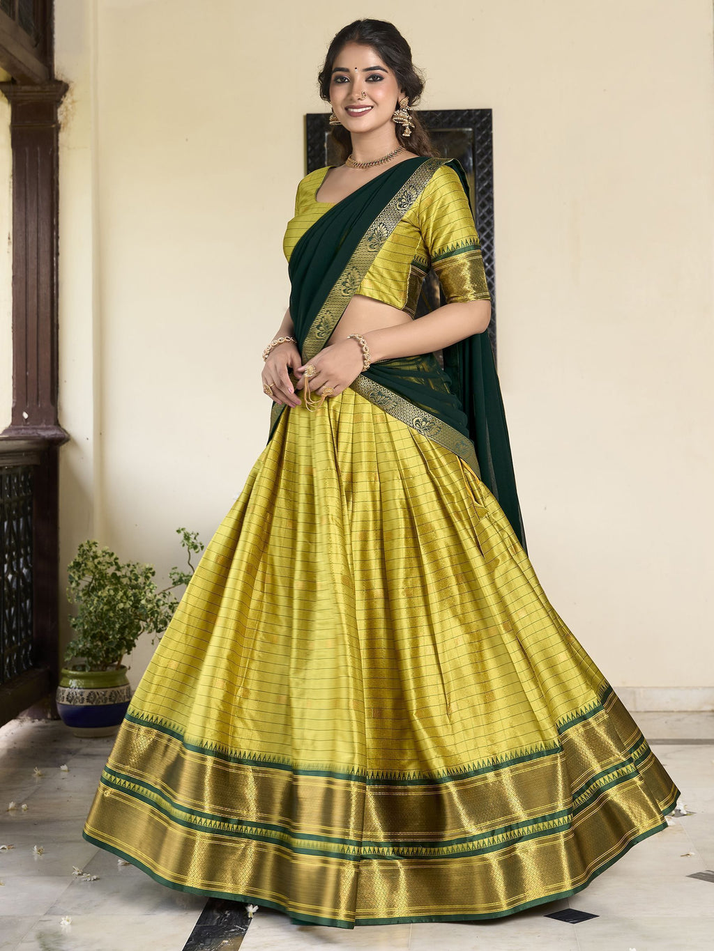 Green Cotton Silk Paithani Weaving Work Traditional Lehenga Choli with Dupatta