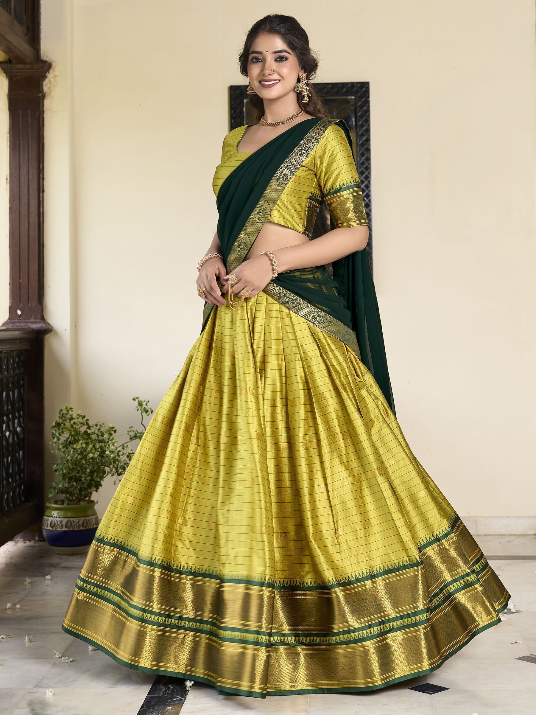 Green Cotton Silk Paithani Weaving Work Traditional Lehenga Choli with Dupatta