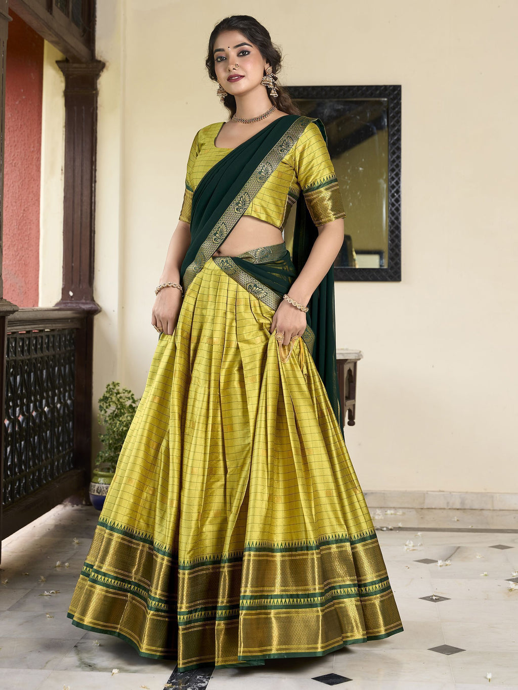Green Cotton Silk Paithani Weaving Work Traditional Lehenga Choli with Dupatta