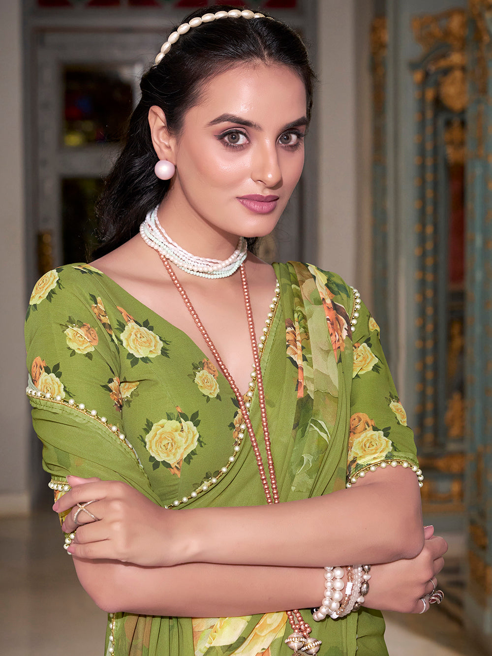 Green Georgette Printed Saree with Pearl Lace Border Lightweight Designer Saree for Festive & Daily Ethnic Wear