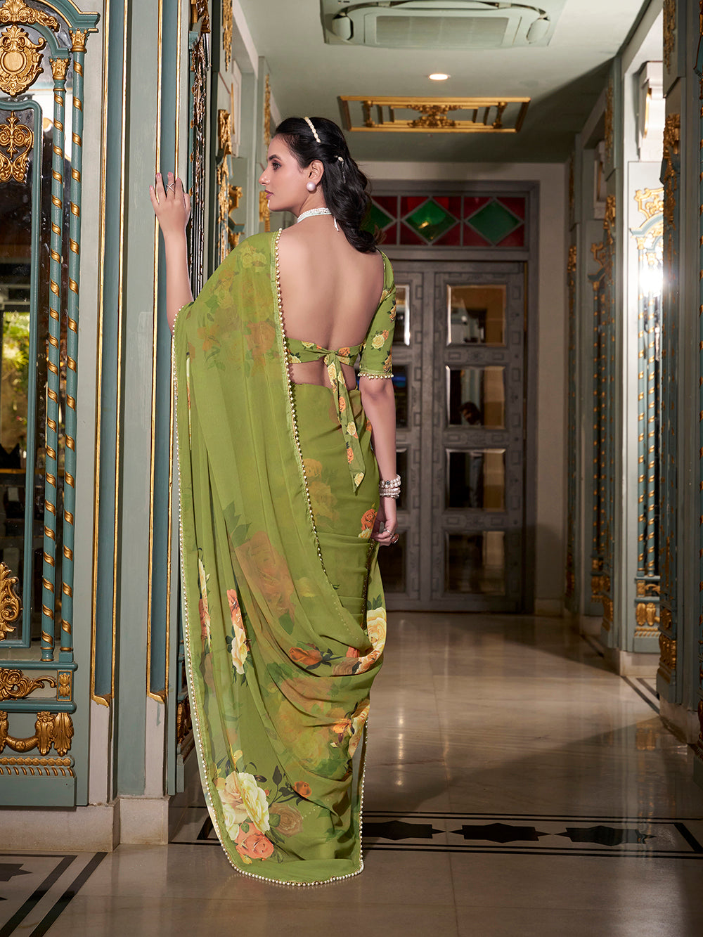 Green Georgette Printed Saree with Pearl Lace Border Lightweight Designer Saree for Festive & Daily Ethnic Wear