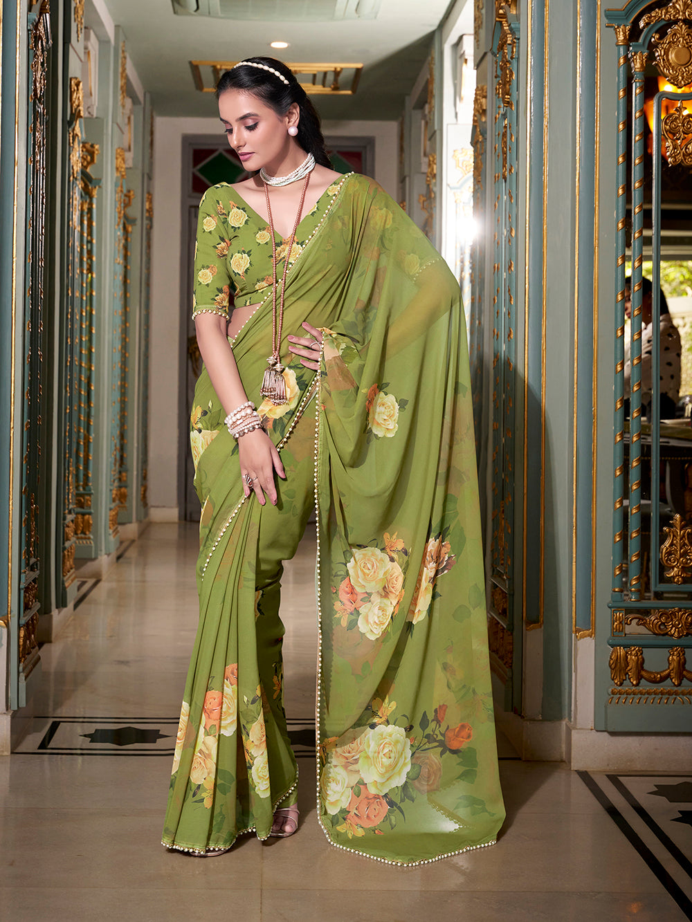 Green Georgette Printed Saree with Pearl Lace Border Lightweight Designer Saree for Festive & Daily Ethnic Wear