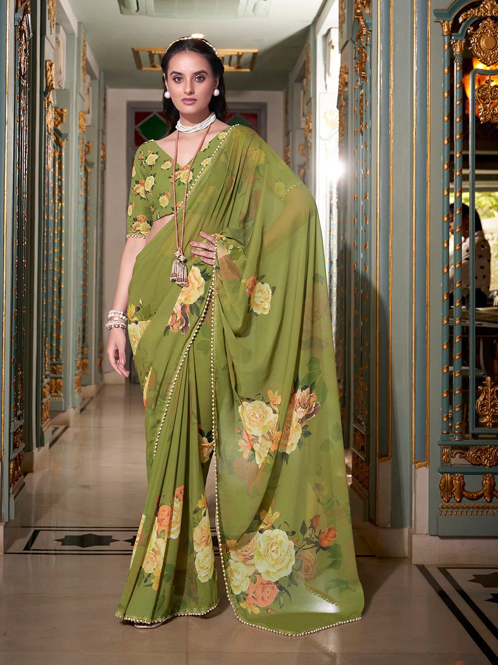 Green Georgette Printed Saree with Pearl Lace Border Lightweight Designer Saree for Festive & Daily Ethnic Wear