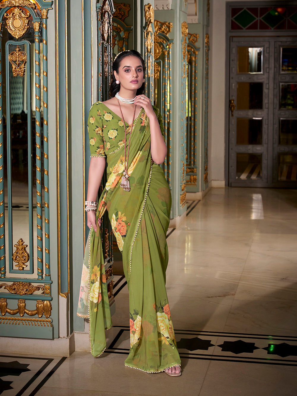 Green Georgette Printed Saree with Pearl Lace Border Lightweight Designer Saree for Festive & Daily Ethnic Wear