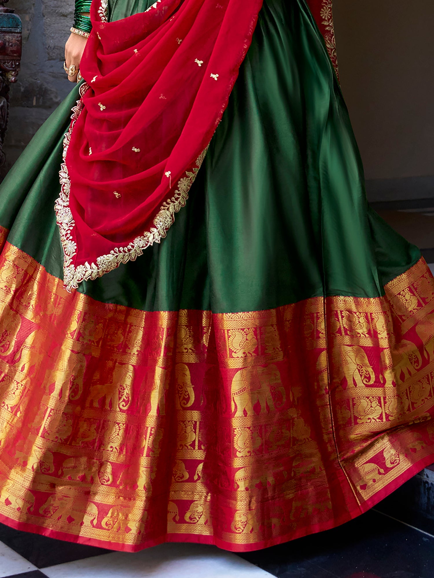 Green Narayan Pattu Silk Zari Weaving Lehenga Choli with Dupatta