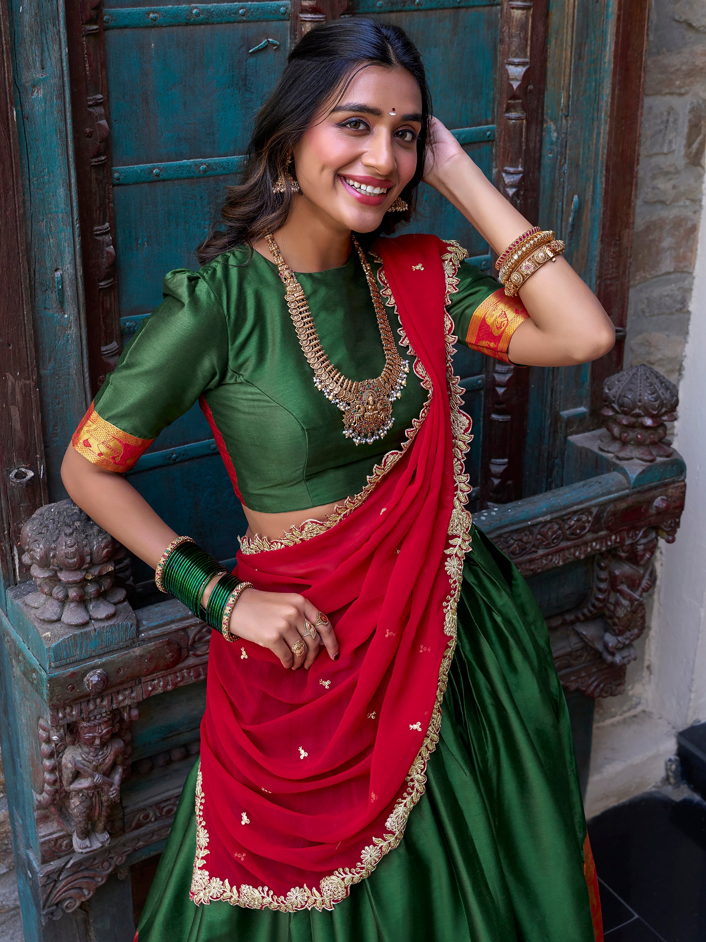 Green Narayan Pattu Silk Zari Weaving Lehenga Choli with Dupatta
