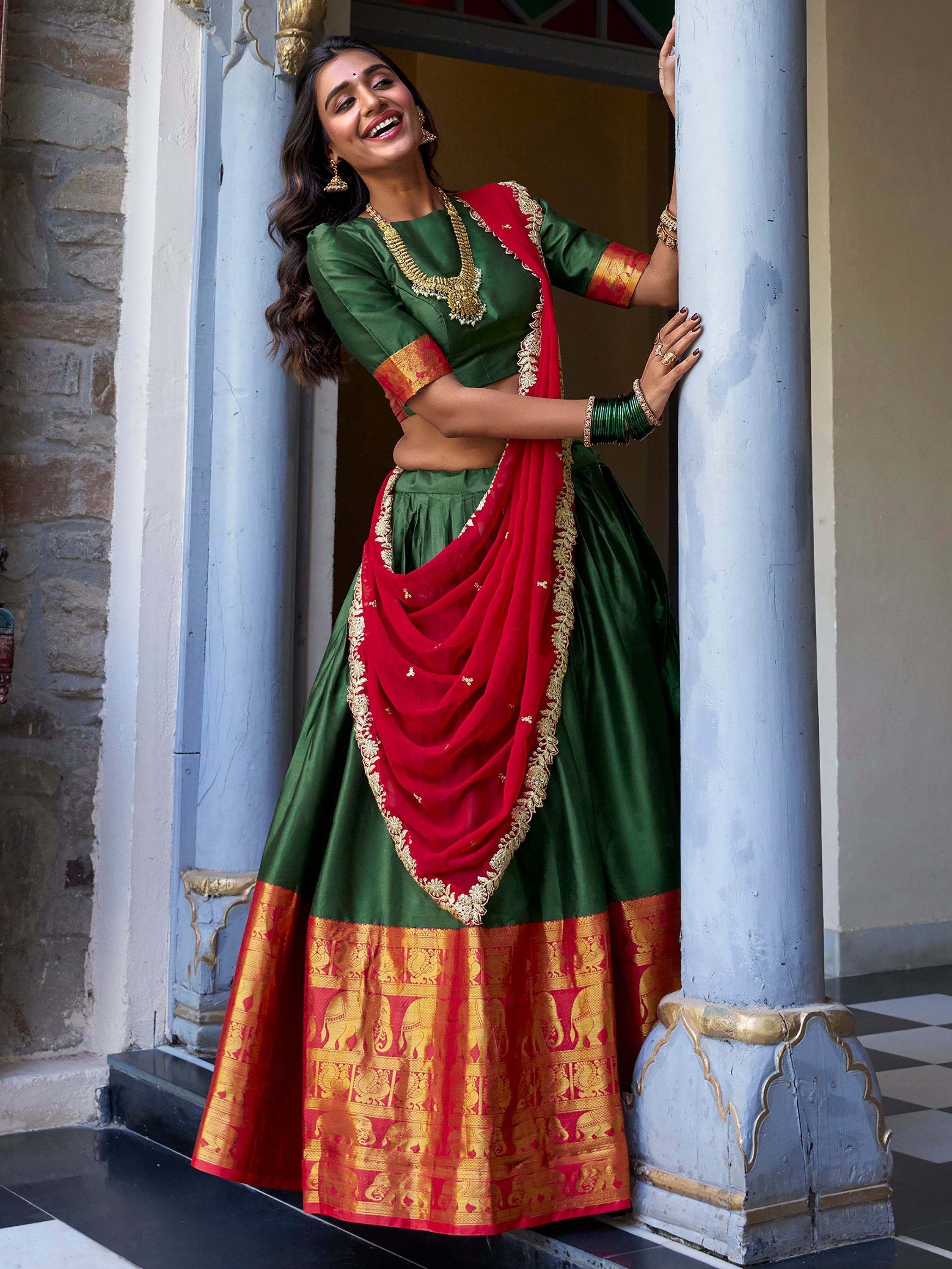 Green Narayan Pattu Silk Zari Weaving Lehenga Choli with Dupatta