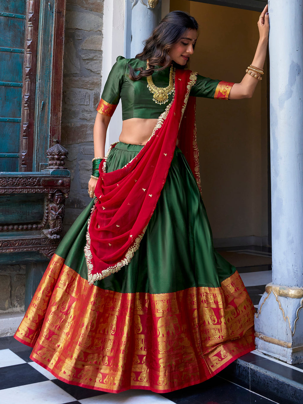 Green Narayan Pattu Silk Zari Weaving Lehenga Choli with Dupatta
