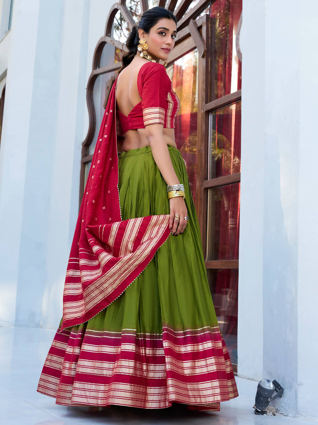 Green Pure Chanderi Zari Weaving Lehenga Choli with Dupatta
