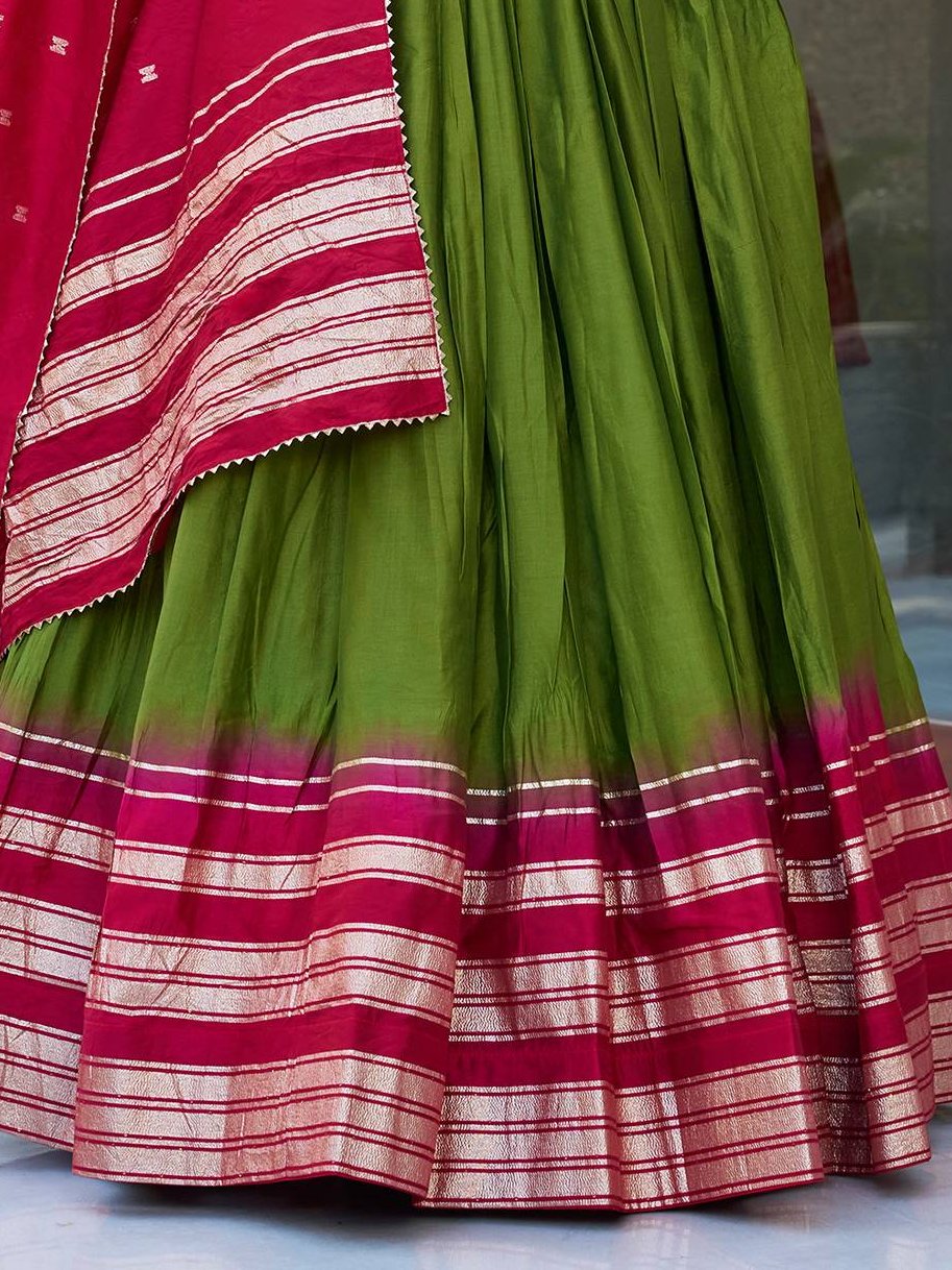 Green Pure Chanderi Zari Weaving Lehenga Choli with Dupatta