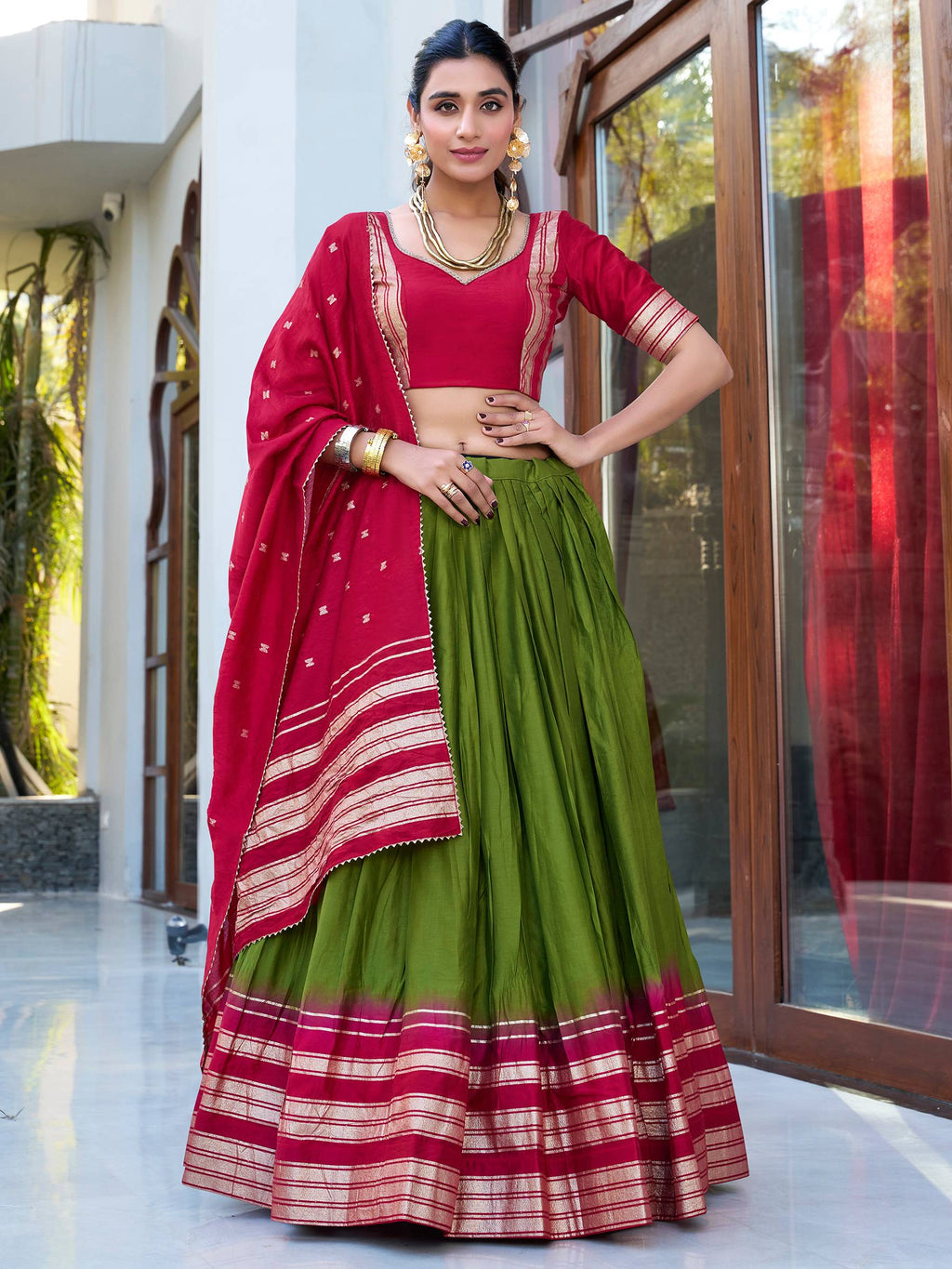 Green Pure Chanderi Zari Weaving Lehenga Choli with Dupatta