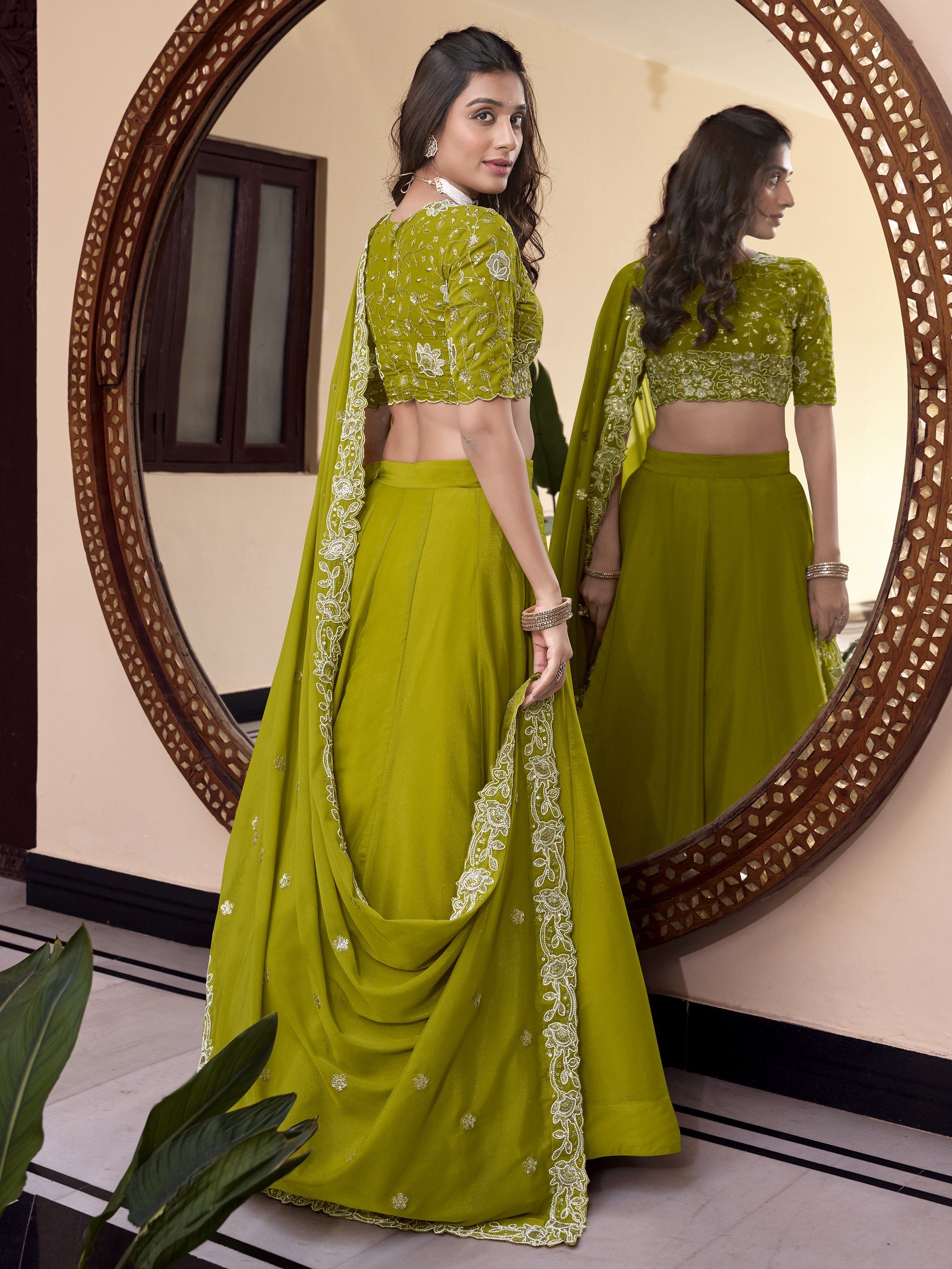 Green star georgette lehenga choli with pearl coding and sequins embroidery