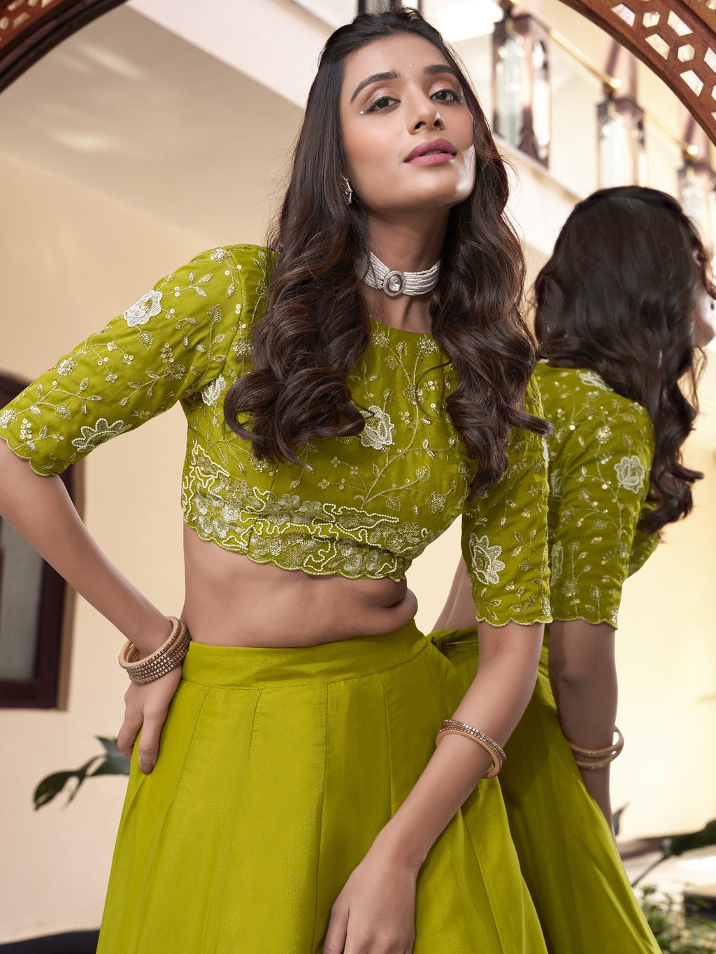 Green star georgette lehenga choli with pearl coding and sequins embroidery