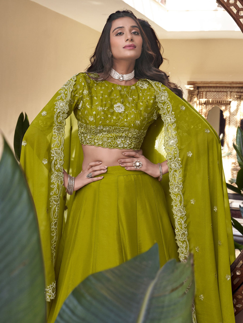 Green star georgette lehenga choli with pearl coding and sequins embroidery
