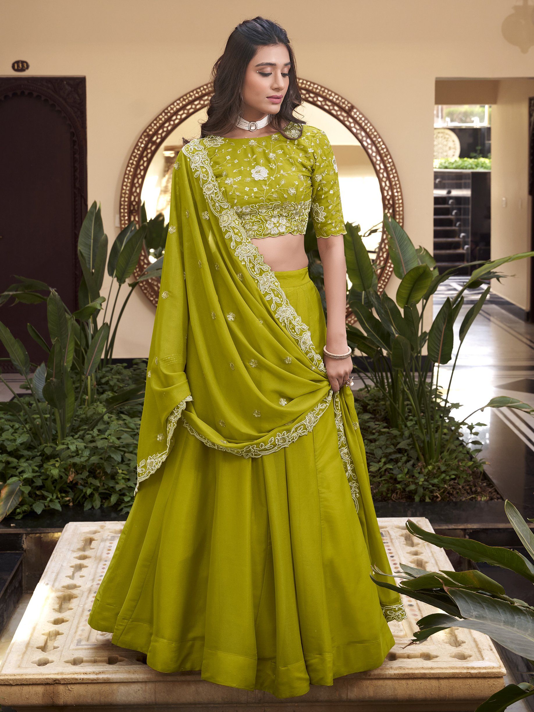 Green star georgette lehenga choli with pearl coding and sequins embroidery