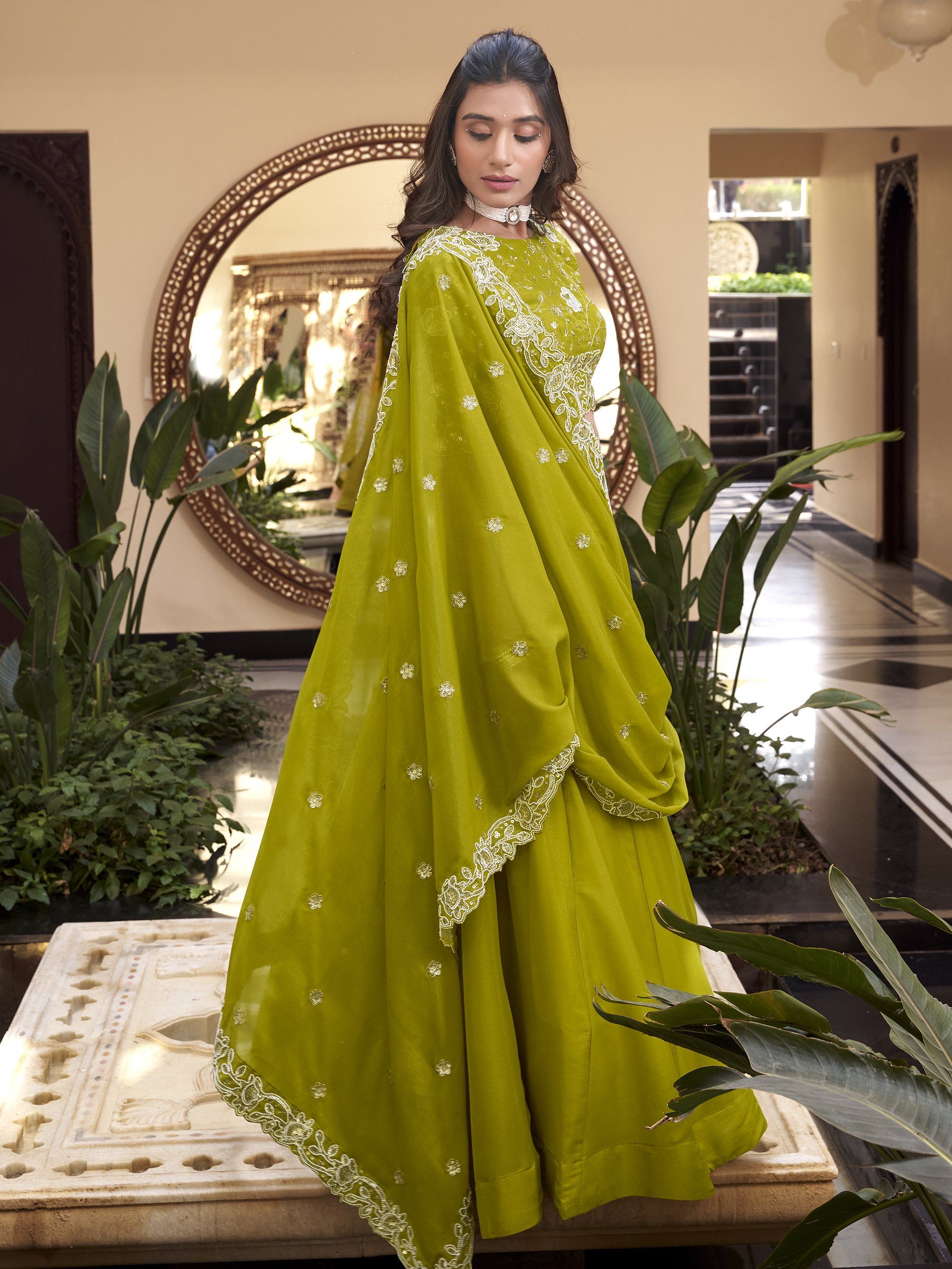 Green star georgette lehenga choli with pearl coding and sequins embroidery