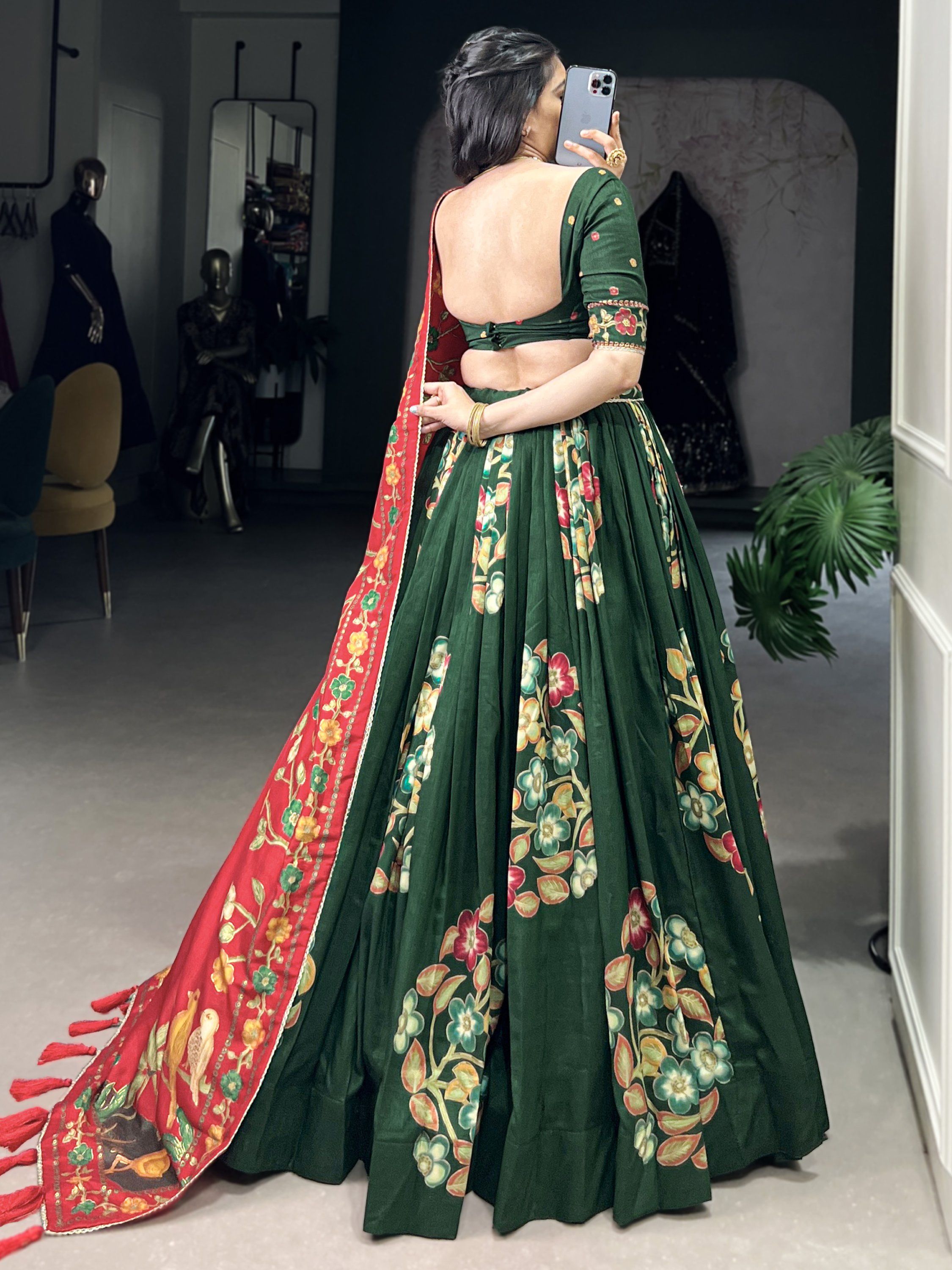 Green Tussar Silk Printed & Foil Work Lehenga Choli