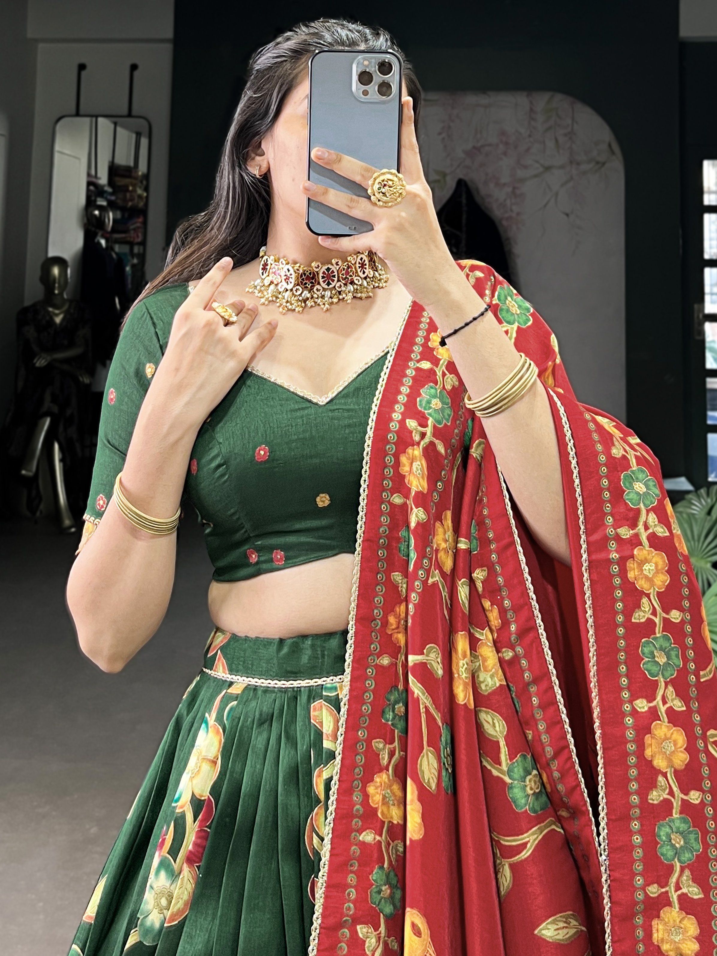 Green Tussar Silk Printed & Foil Work Lehenga Choli