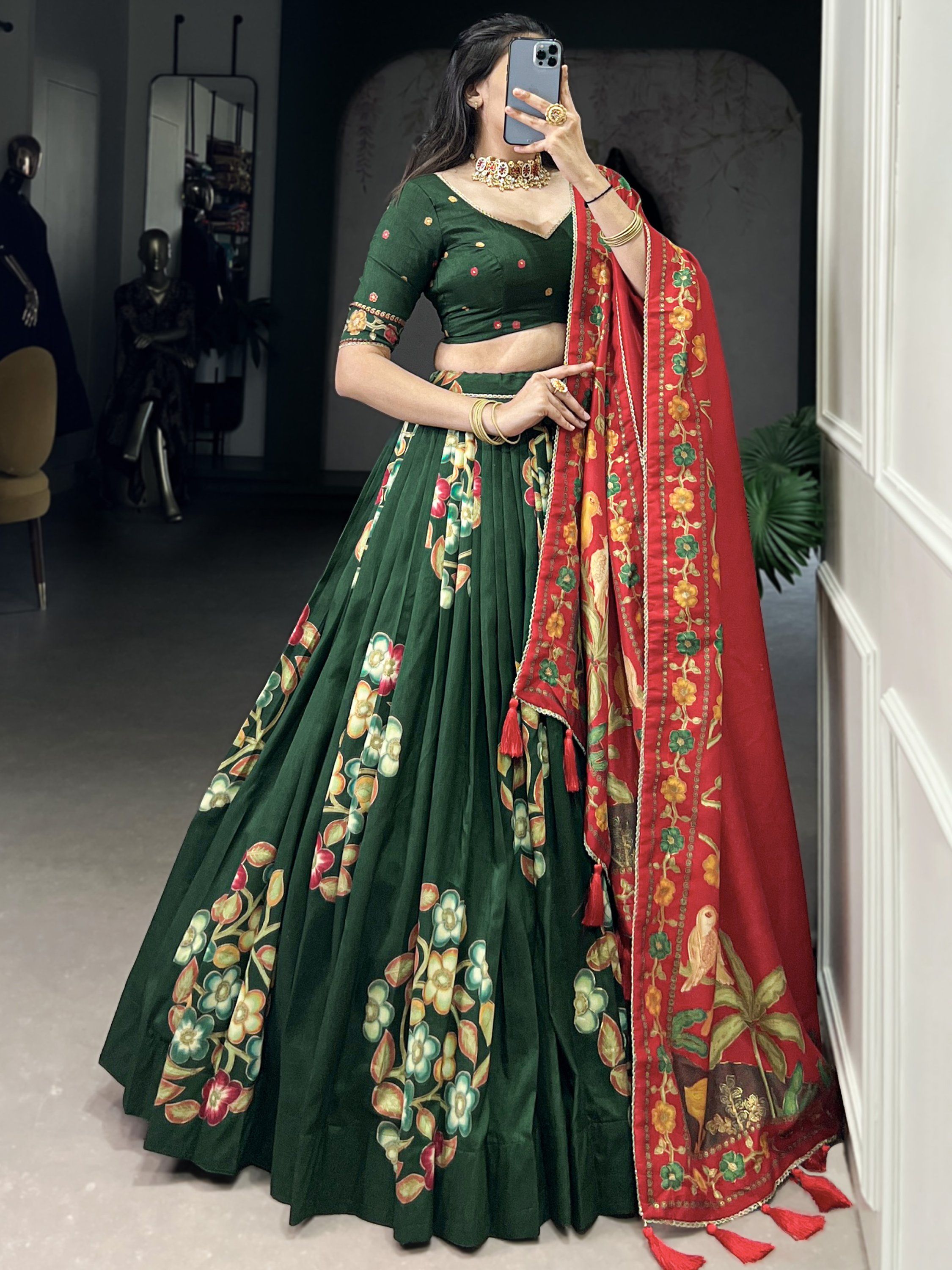 Green Tussar Silk Printed & Foil Work Lehenga Choli