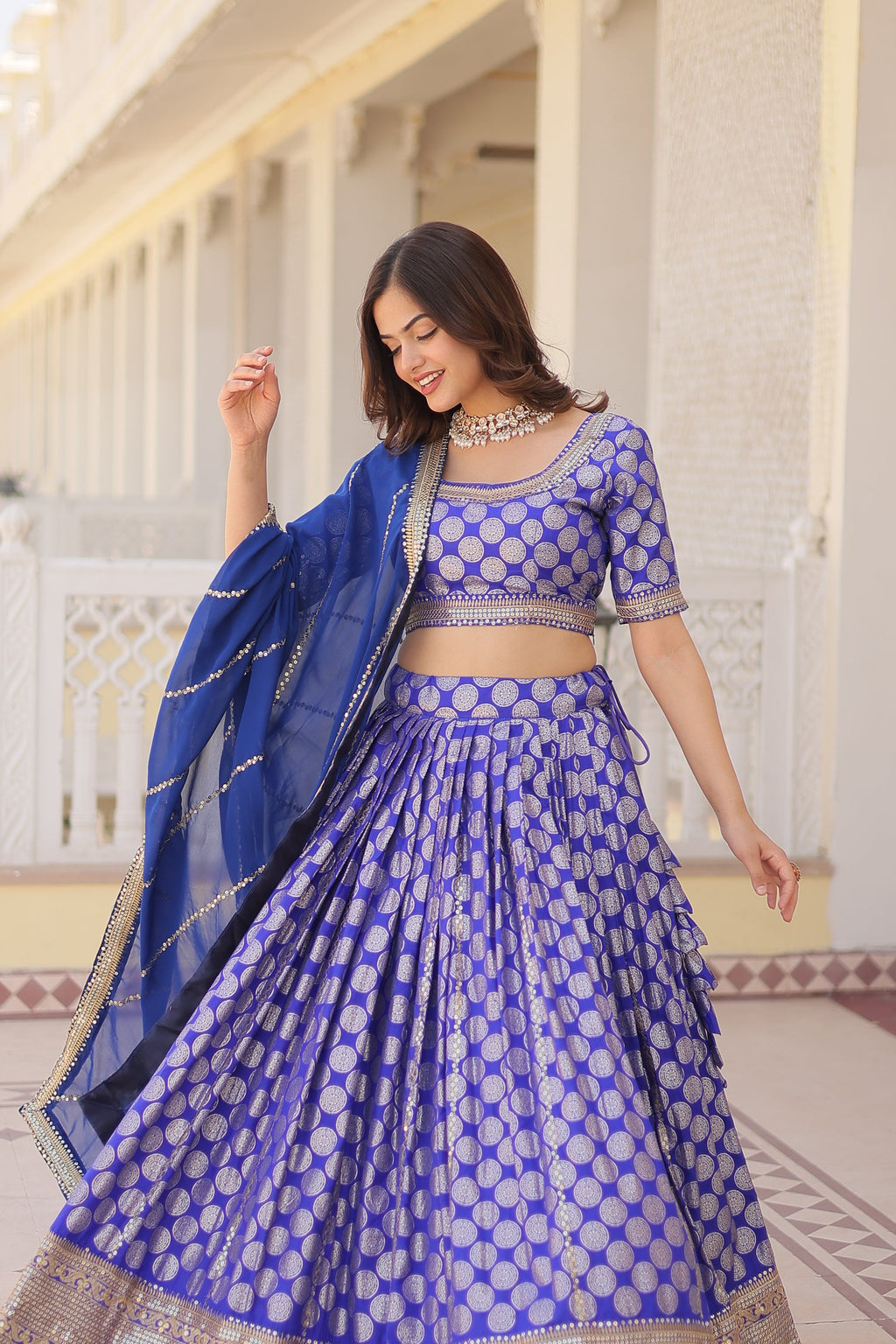 Harinya blue viscose jacquard embroidered lehenga set