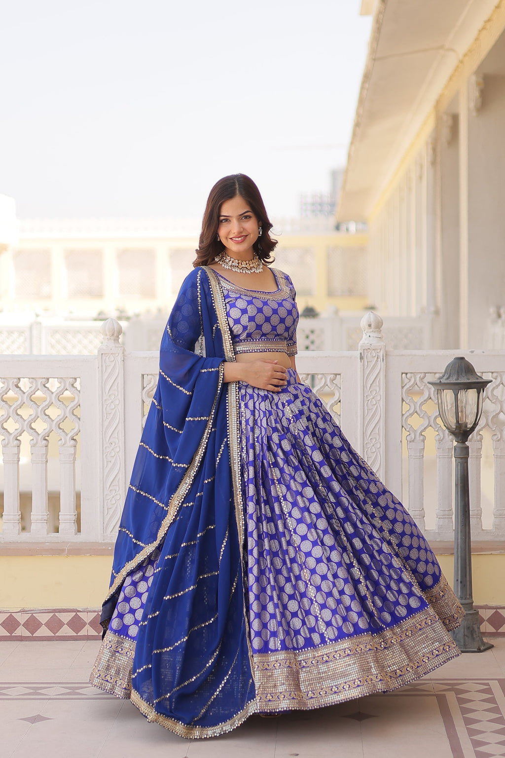 Harinya blue viscose jacquard embroidered lehenga set