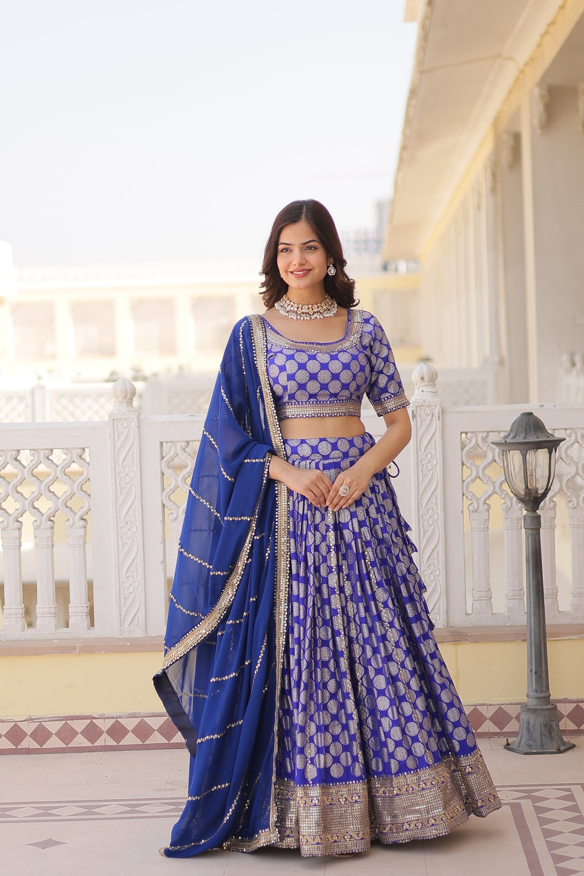 Harinya blue viscose jacquard embroidered lehenga set