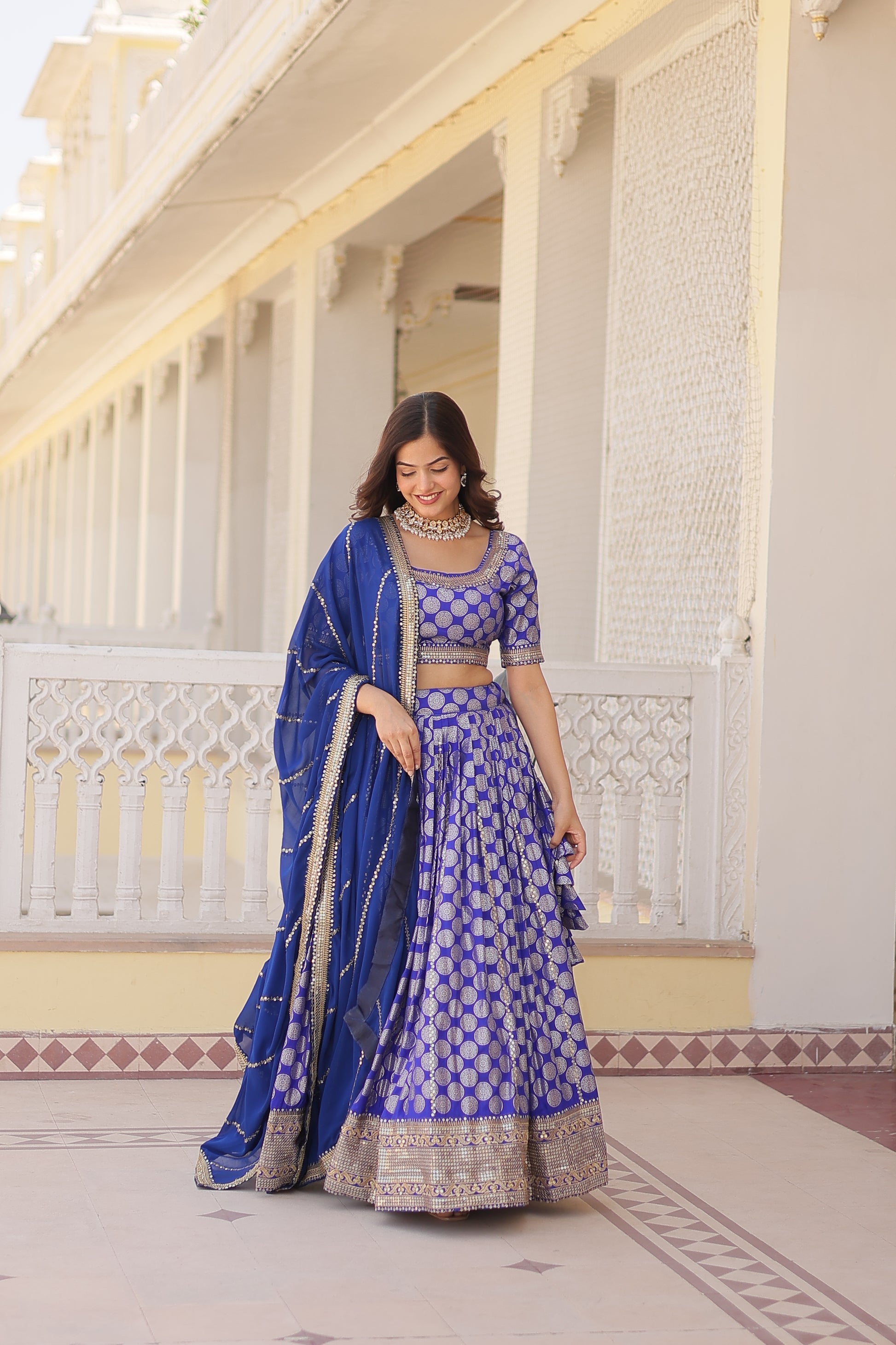 Harinya blue viscose jacquard embroidered lehenga set