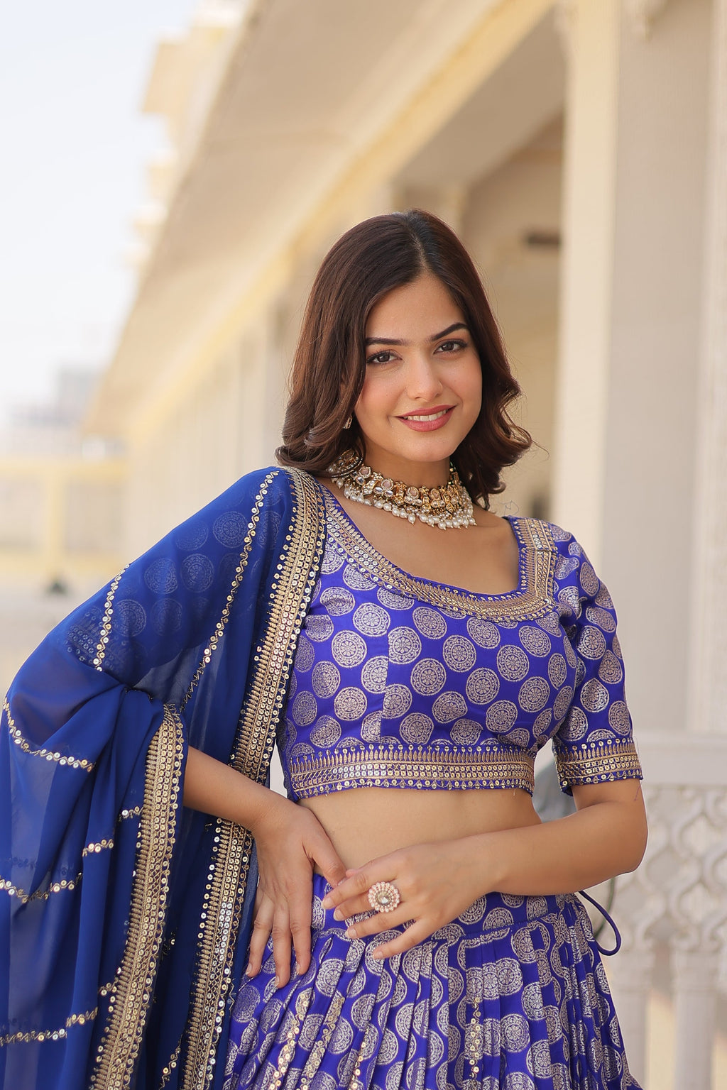 Harinya blue viscose jacquard embroidered lehenga set
