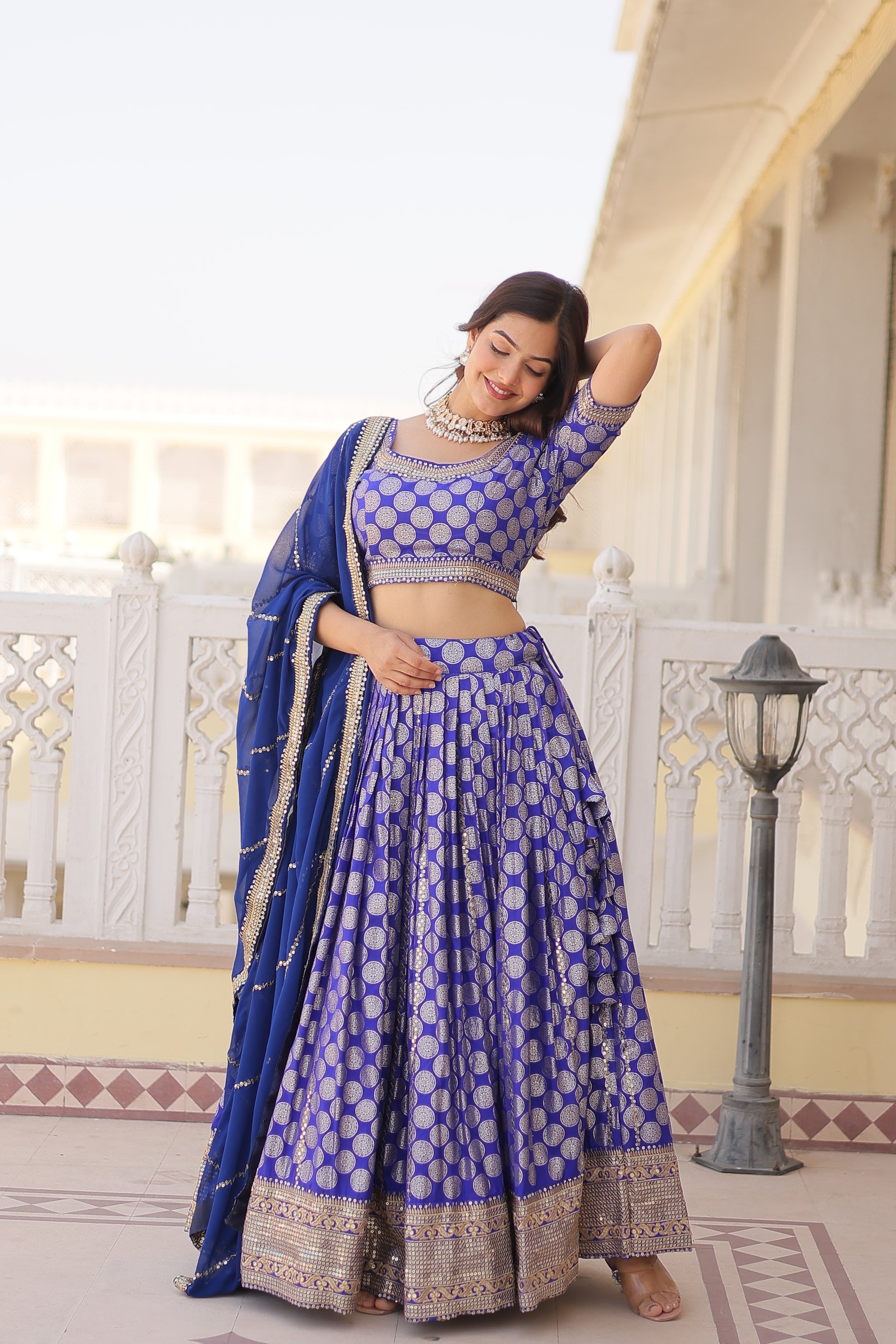 Harinya blue viscose jacquard embroidered lehenga set