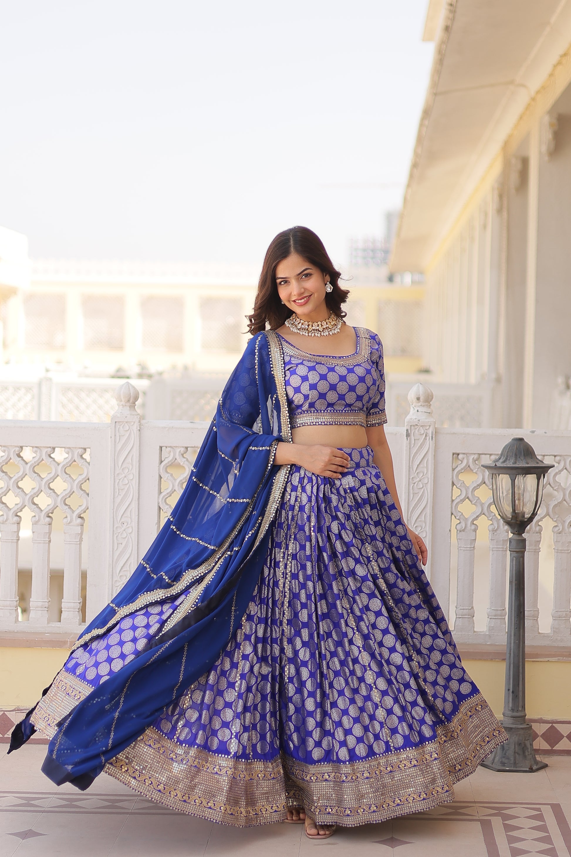 Harinya blue viscose jacquard embroidered lehenga set