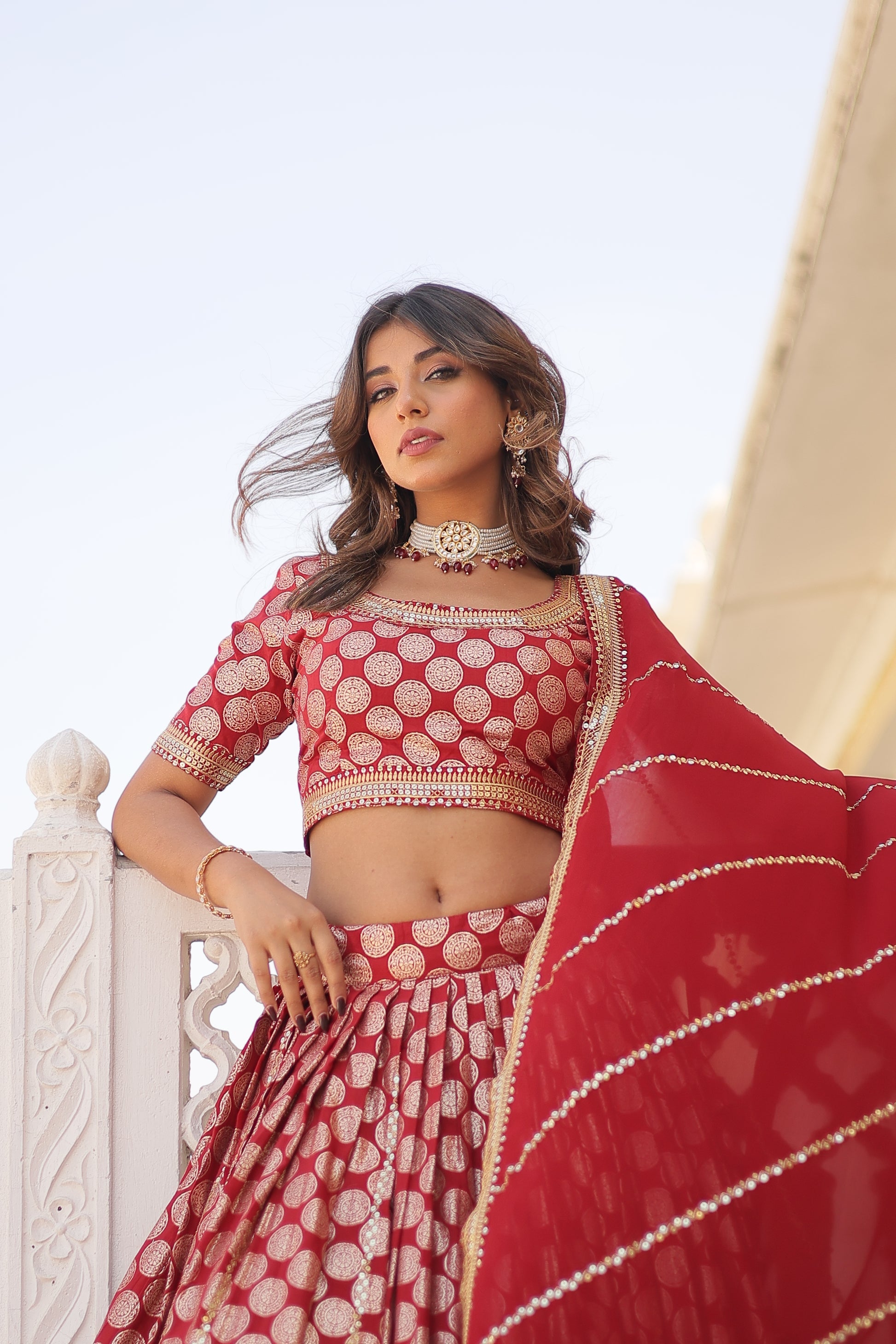 Harinya red viscose jacquard embroidered lehenga set