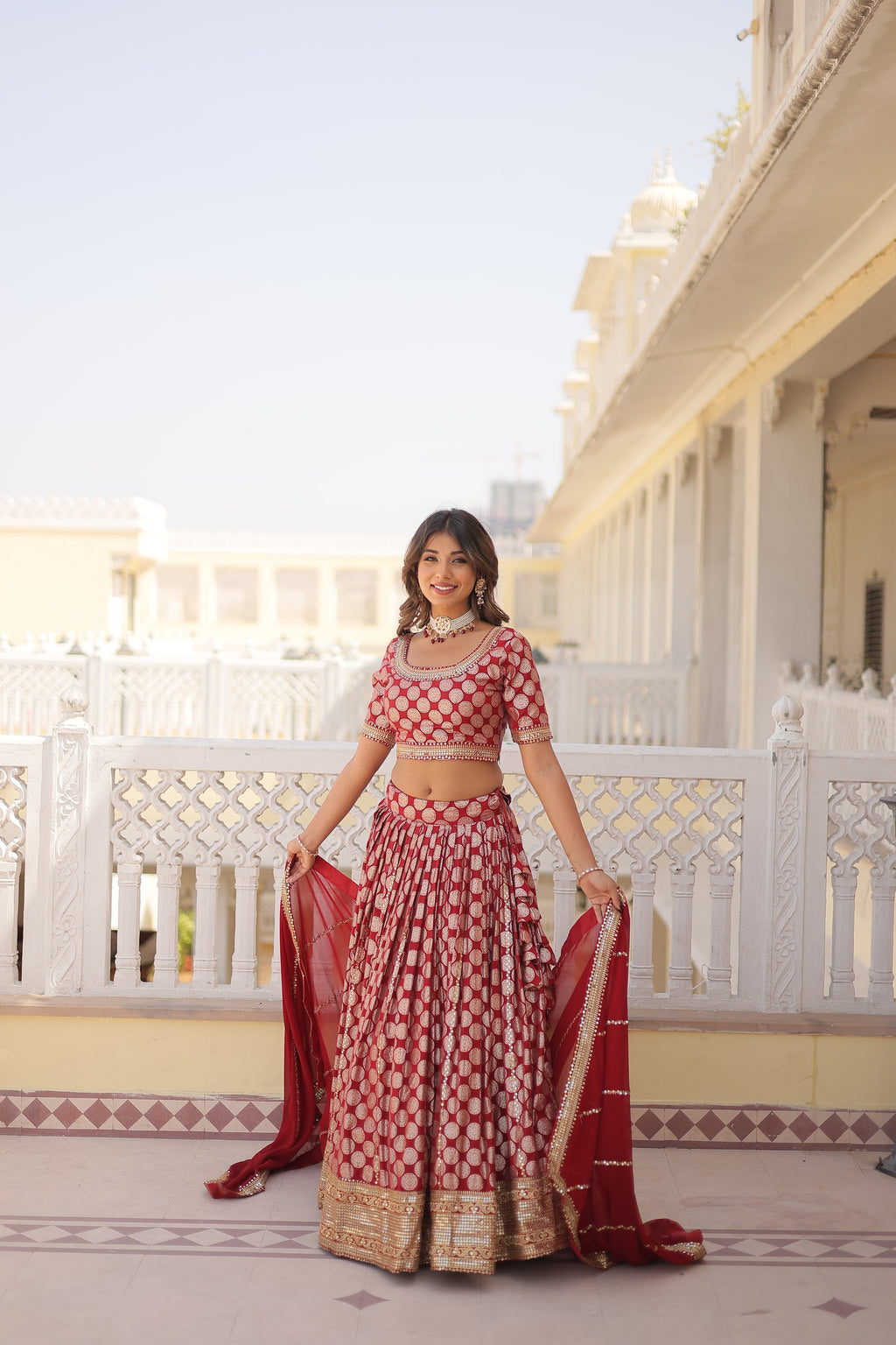 Harinya red viscose jacquard embroidered lehenga set