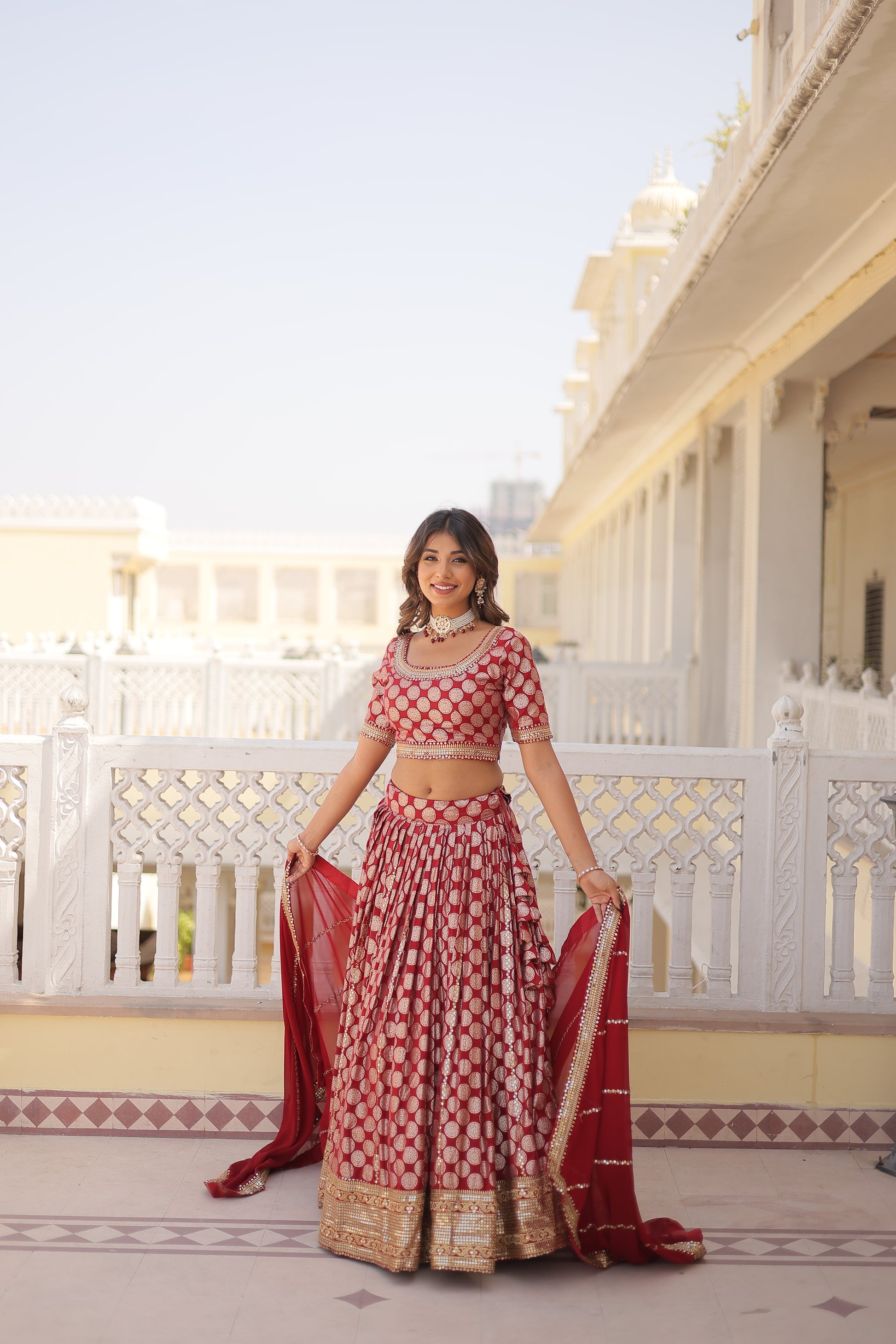 Harinya red viscose jacquard embroidered lehenga set