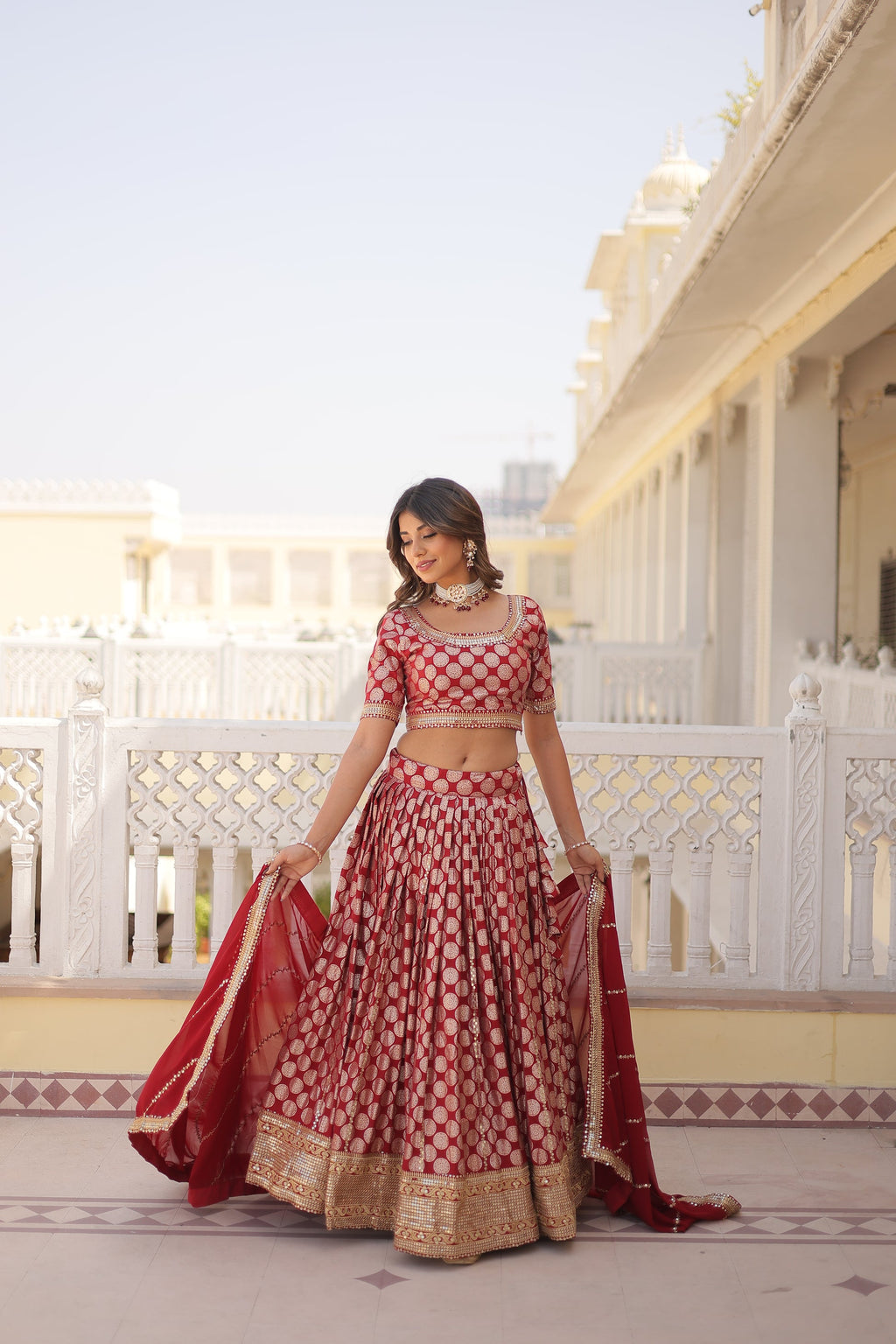 Harinya red viscose jacquard embroidered lehenga set