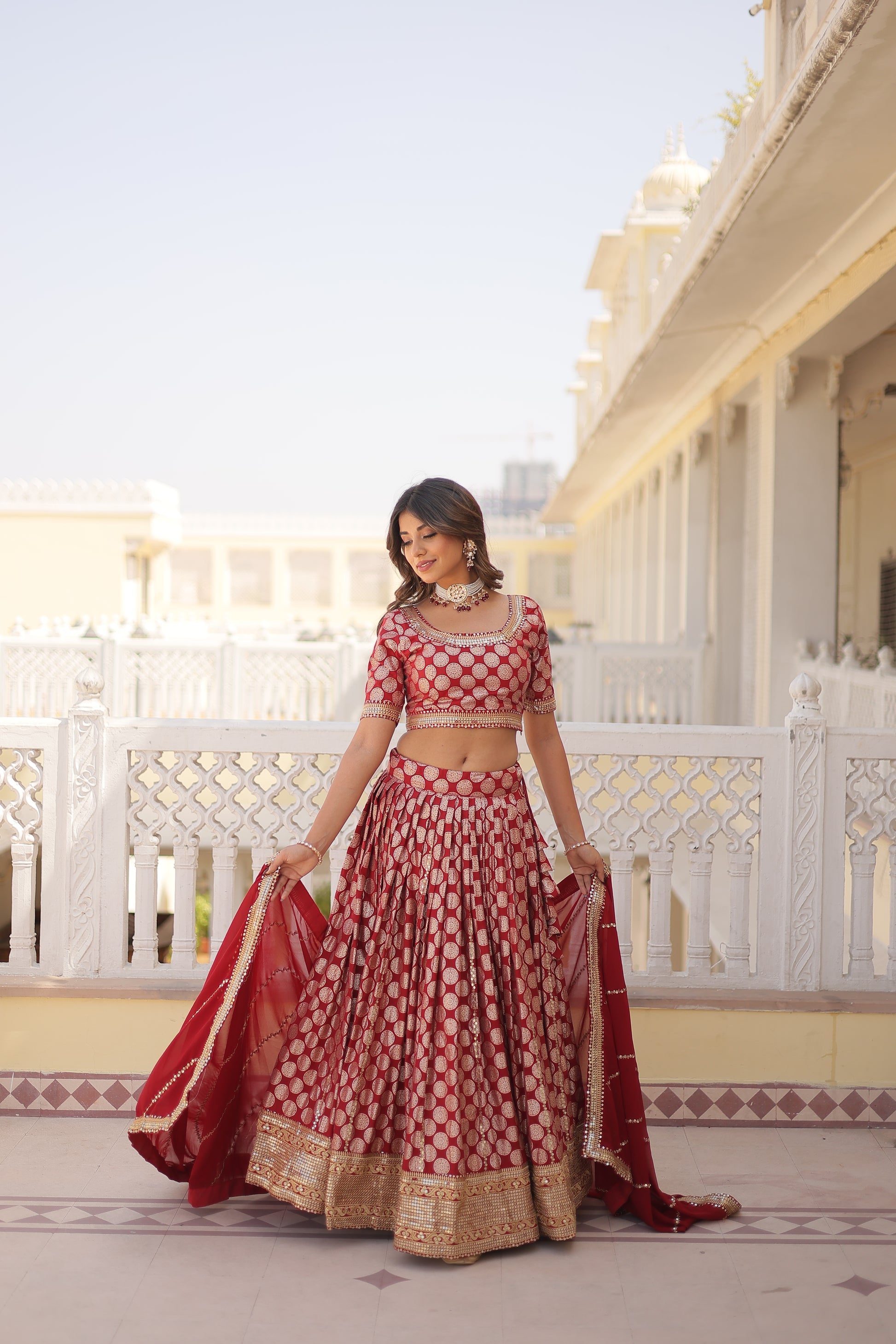 Harinya red viscose jacquard embroidered lehenga set