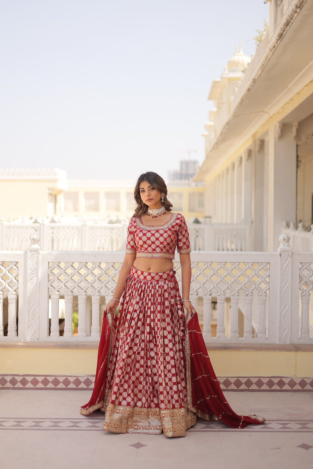 Harinya red viscose jacquard embroidered lehenga set