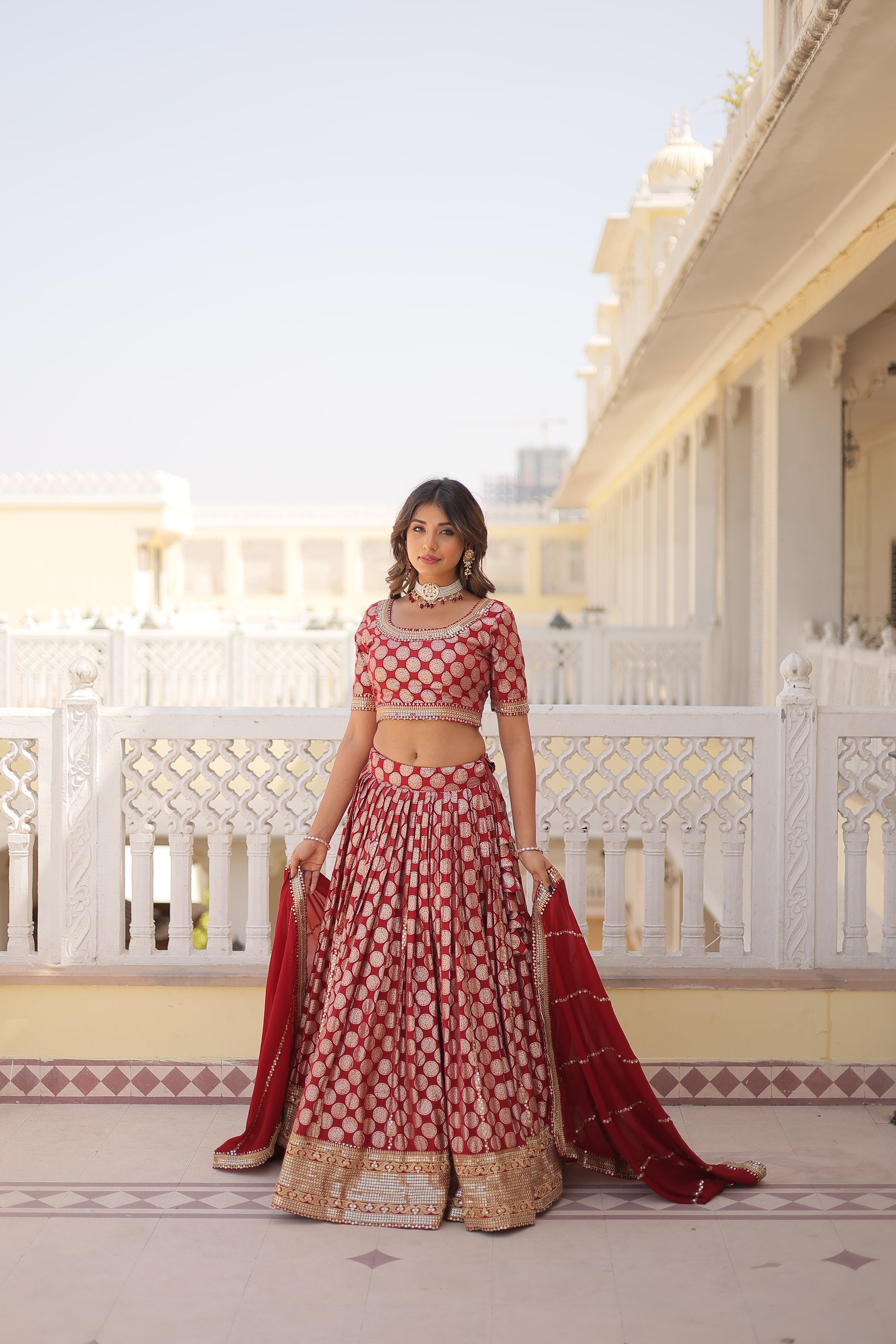 Harinya red viscose jacquard embroidered lehenga set
