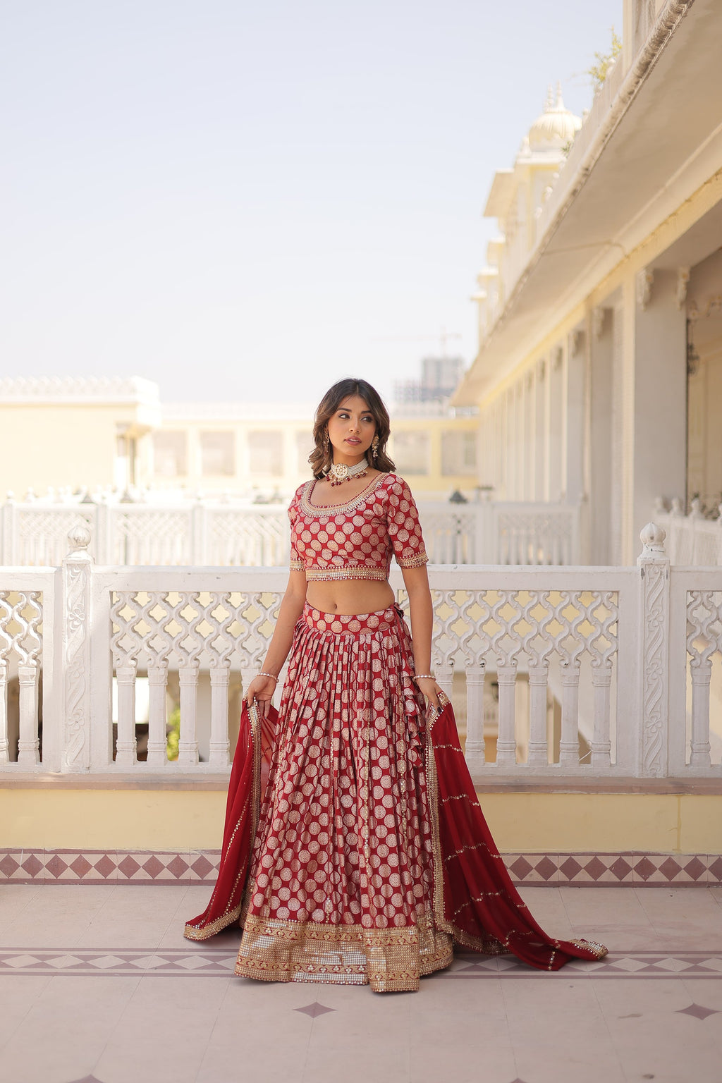 Harinya red viscose jacquard embroidered lehenga set