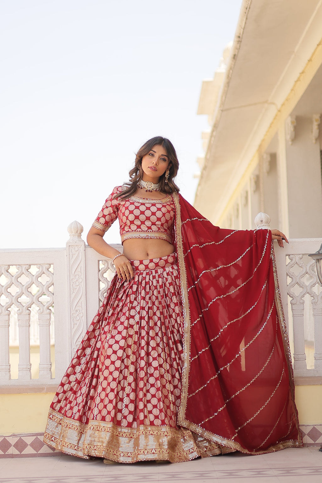 Harinya red viscose jacquard embroidered lehenga set