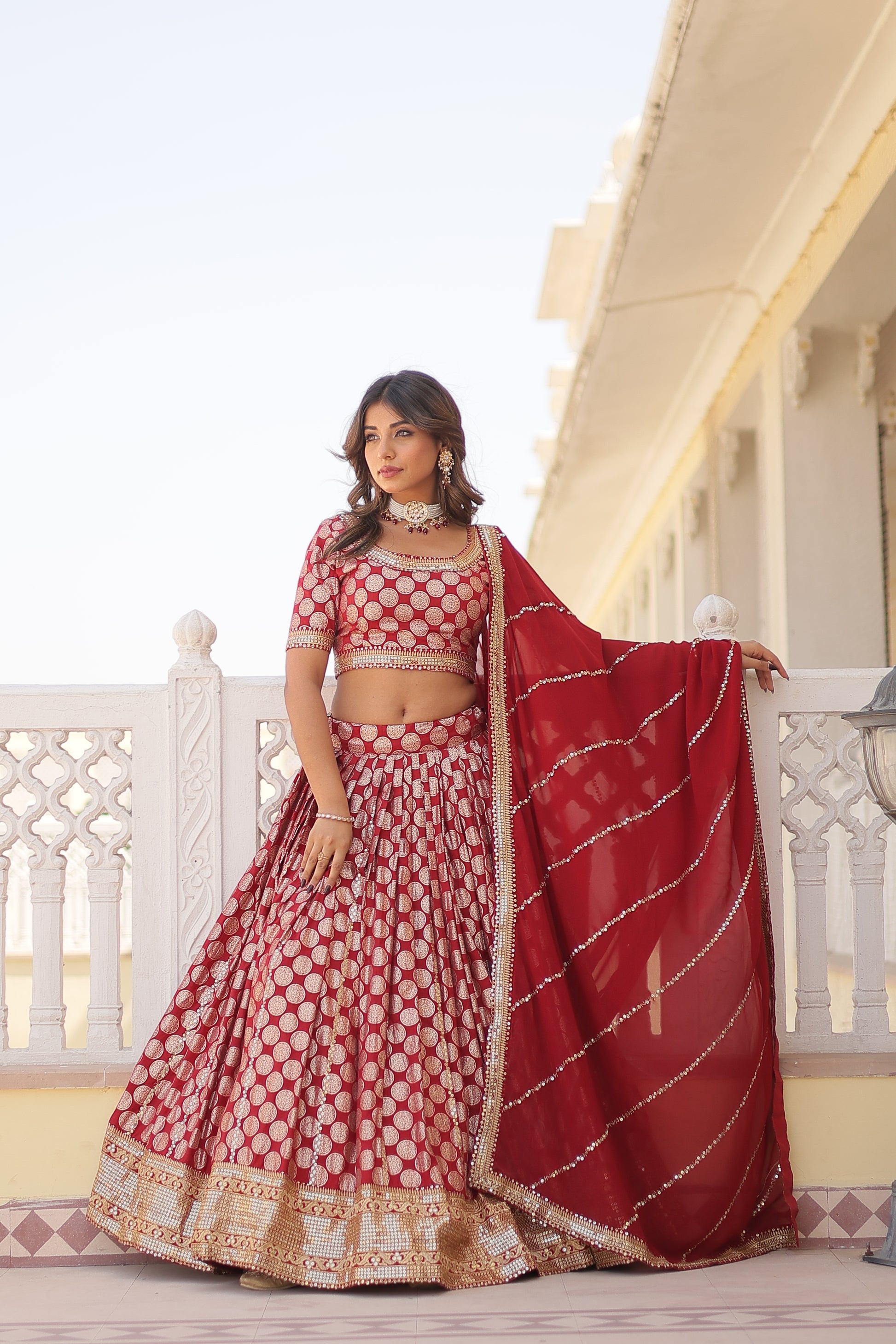 Harinya Red Viscose Jacquard Embroidered Lehenga Set