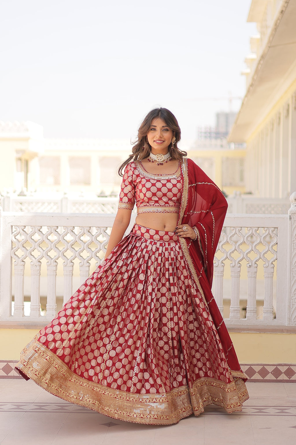 Harinya red viscose jacquard embroidered lehenga set