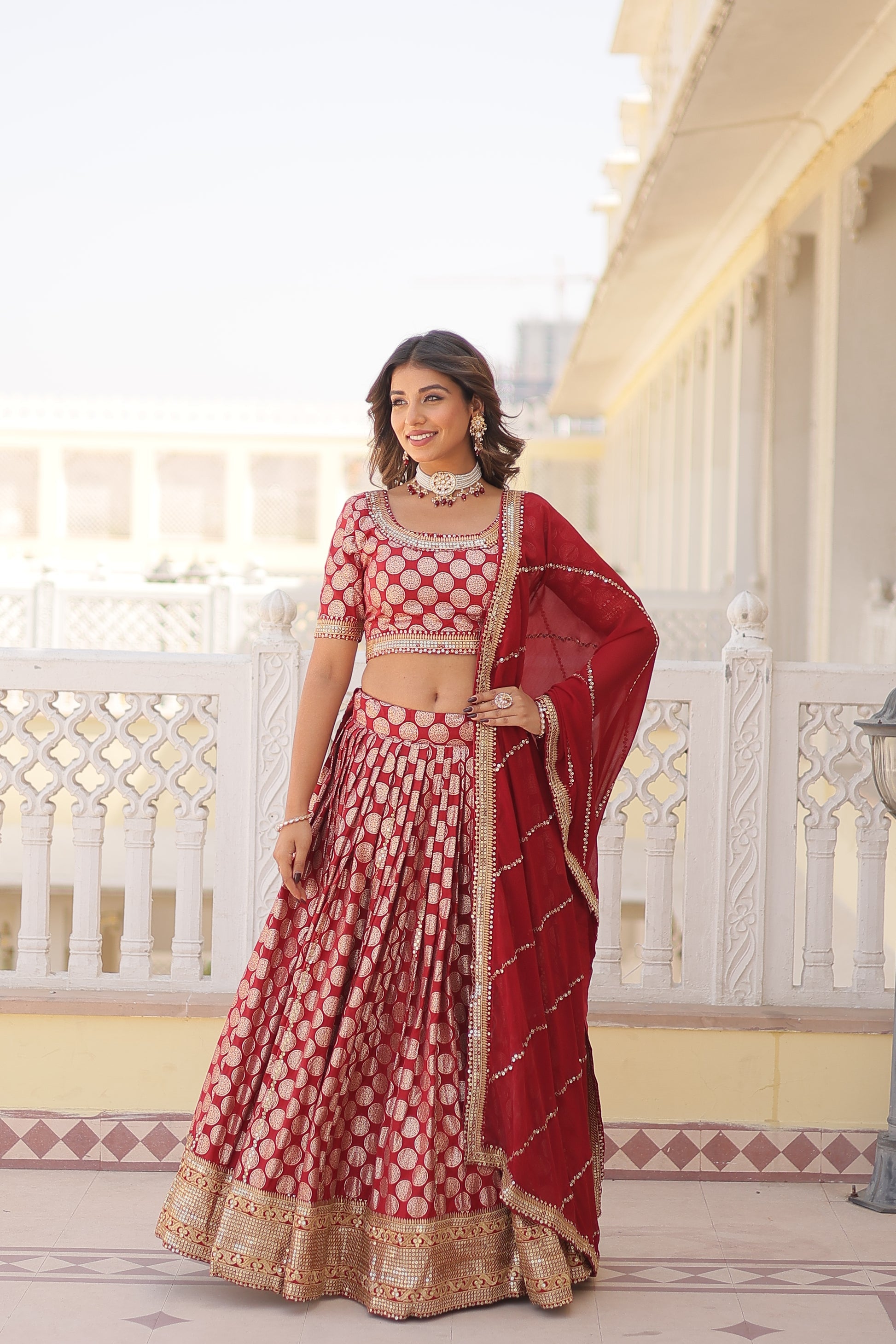 Harinya red viscose jacquard embroidered lehenga set