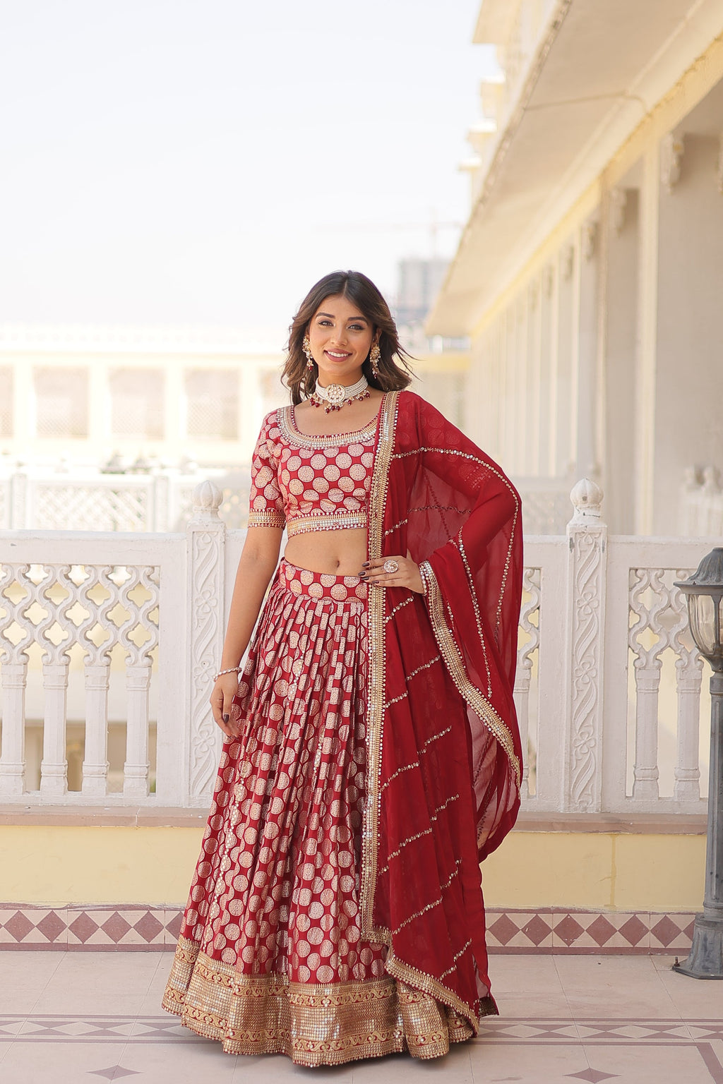 Harinya red viscose jacquard embroidered lehenga set