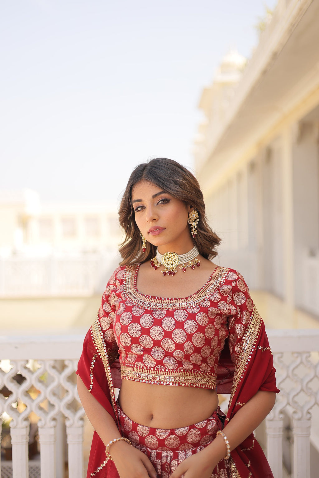 Harinya red viscose jacquard embroidered lehenga set