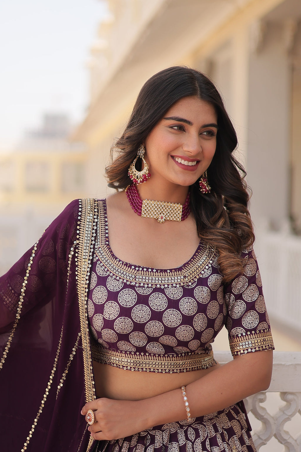 Harinya wine viscose jacquard embroidered lehenga set
