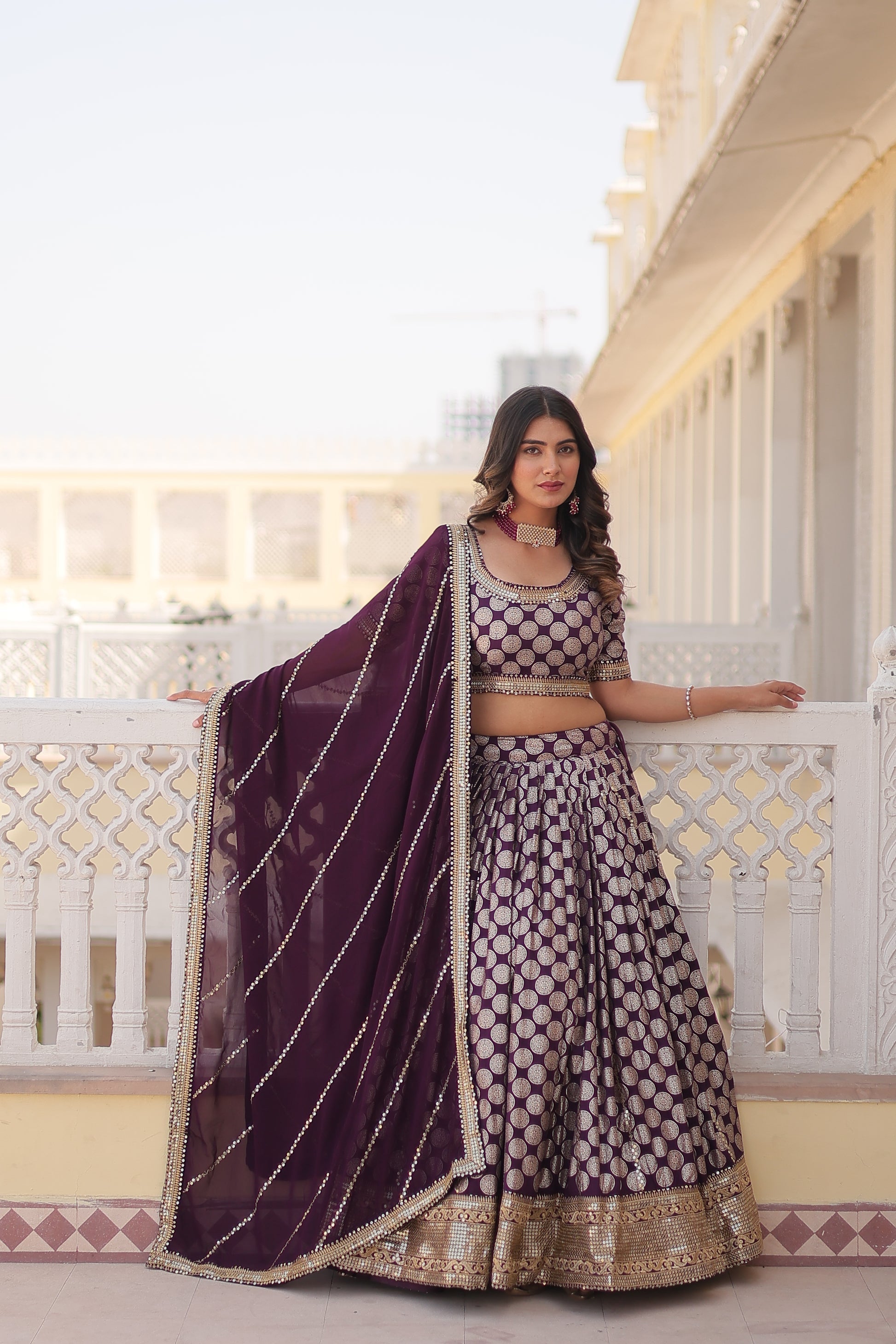 Harinya wine viscose jacquard embroidered lehenga set