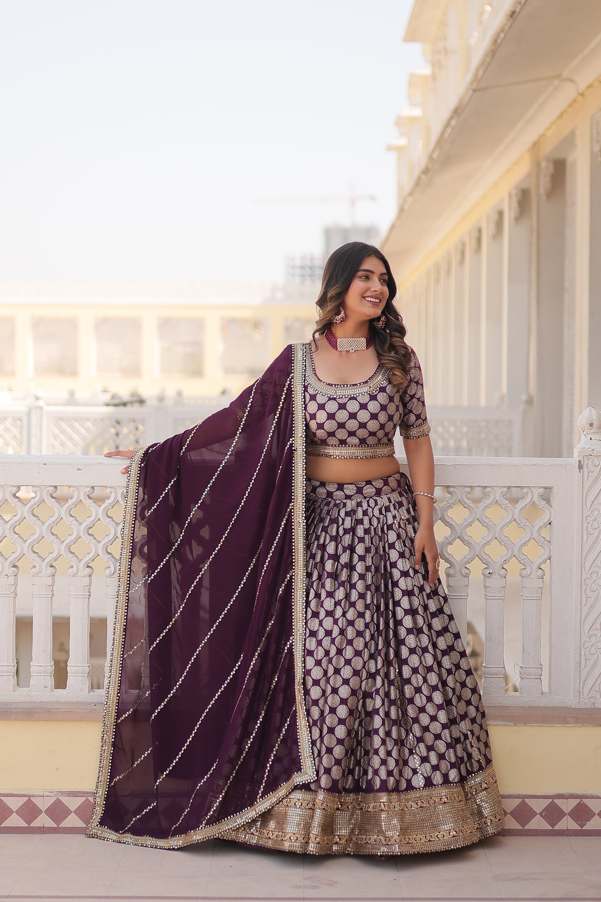 Harinya wine viscose jacquard embroidered lehenga set