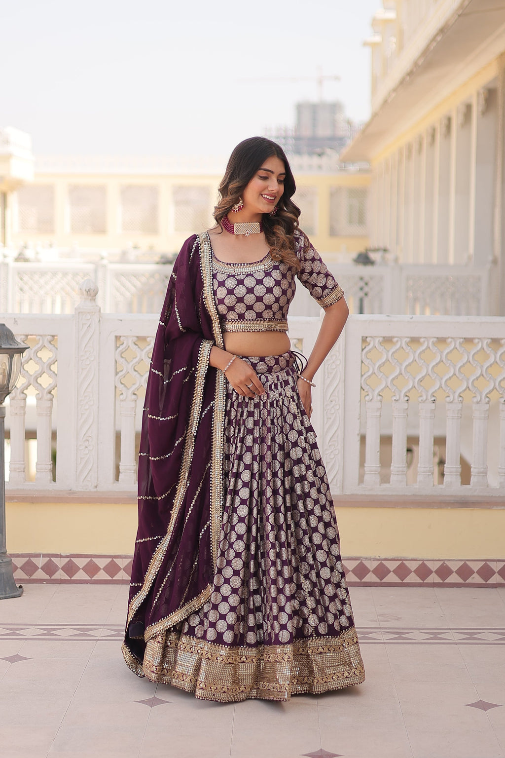 Harinya wine viscose jacquard embroidered lehenga set