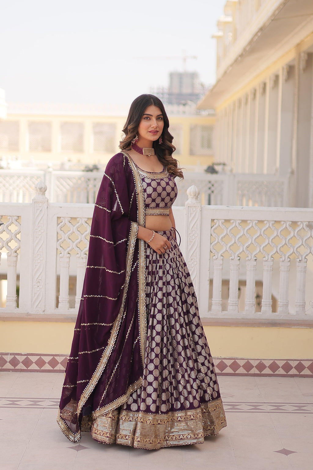 Harinya wine viscose jacquard embroidered lehenga set