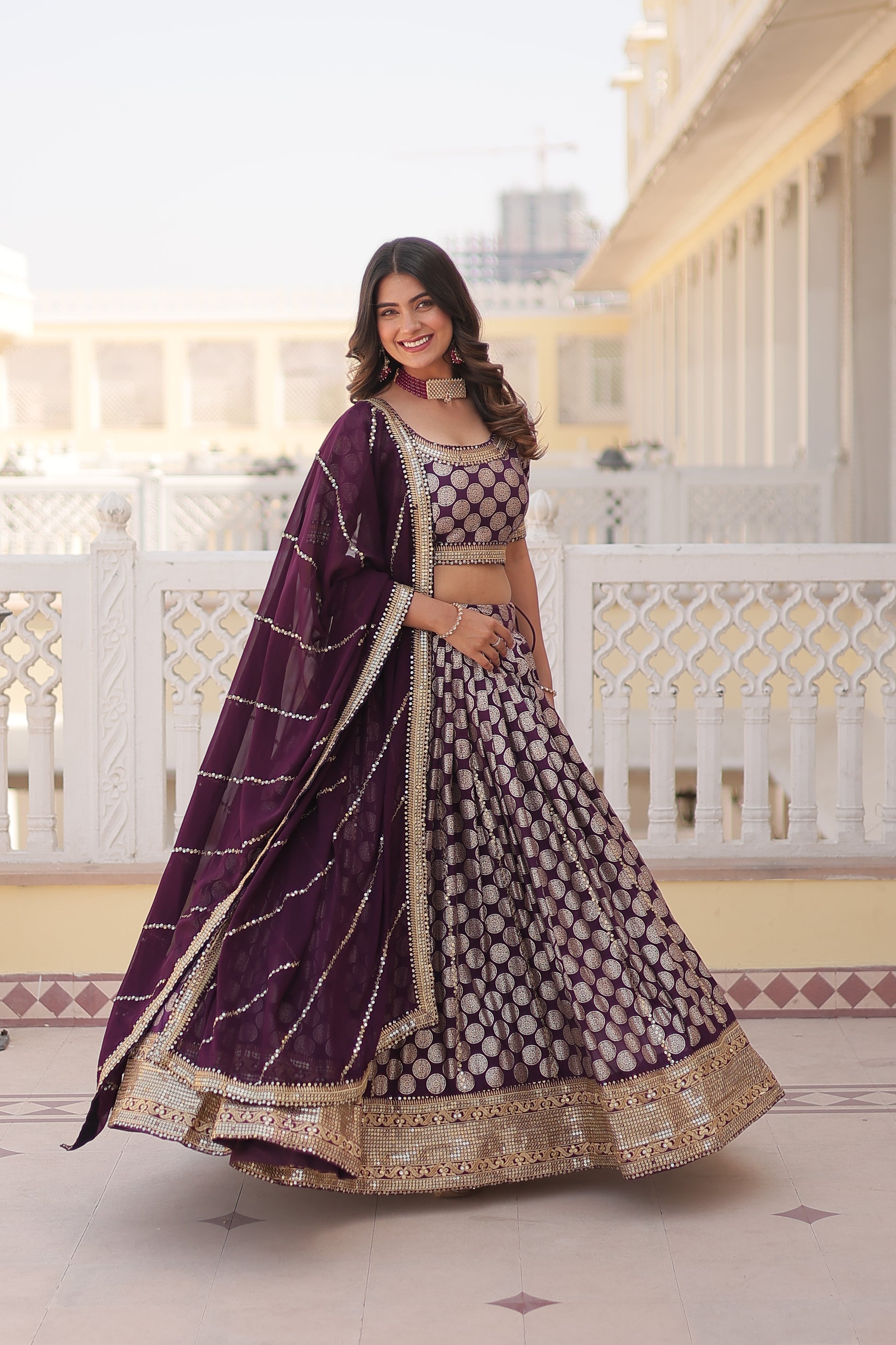 Harinya wine viscose jacquard embroidered lehenga set